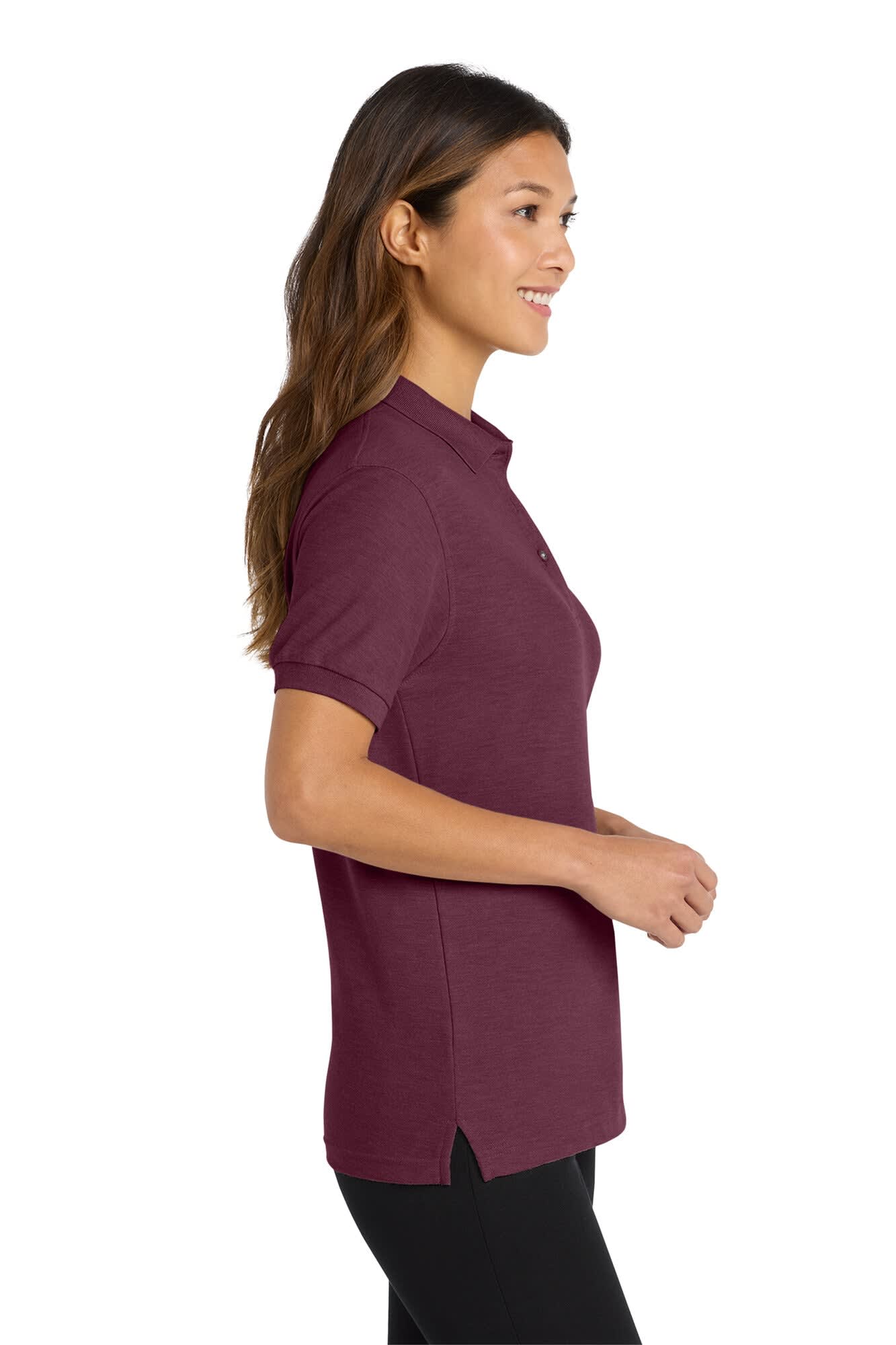 A maroon ladies’ polo shirt with a collar, featuring short sleeves and side slits. It has a small logo.