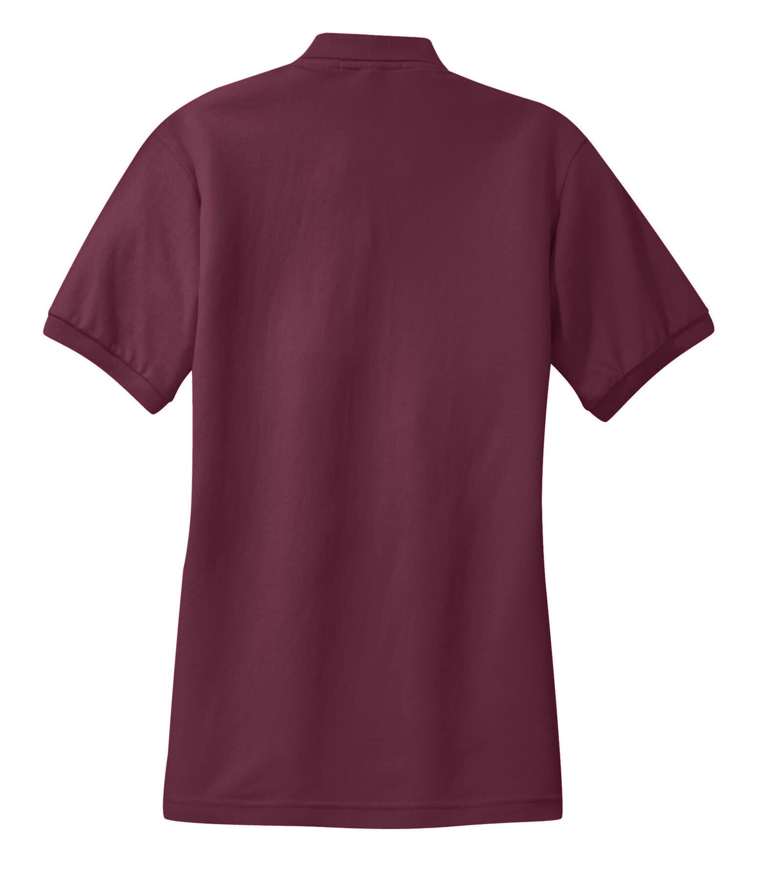 A burgundy ladies polo shirt with a collar, featuring a logo on the back.