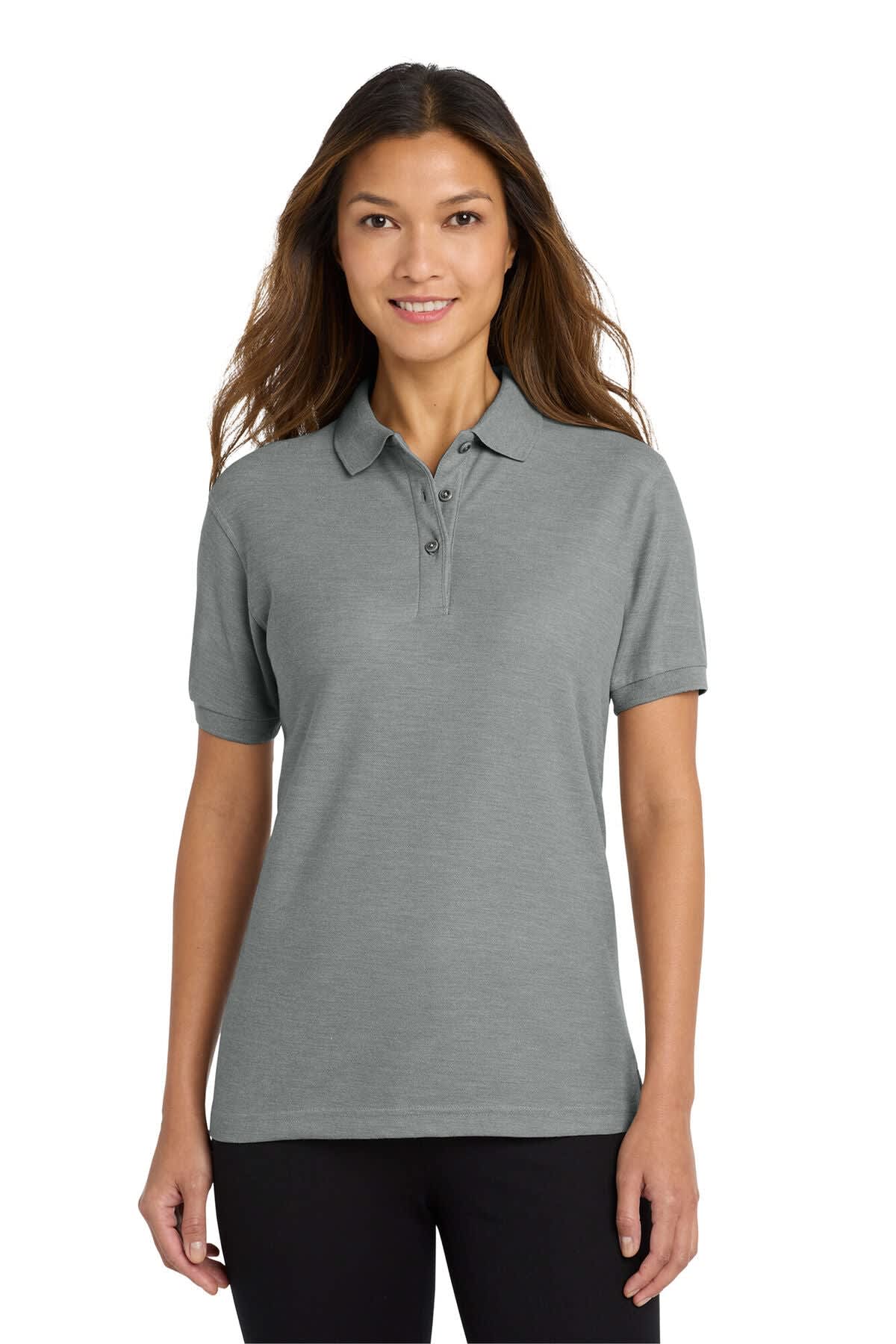 A grey ladies' polo shirt with a collar, short sleeves, and a logo on the chest.