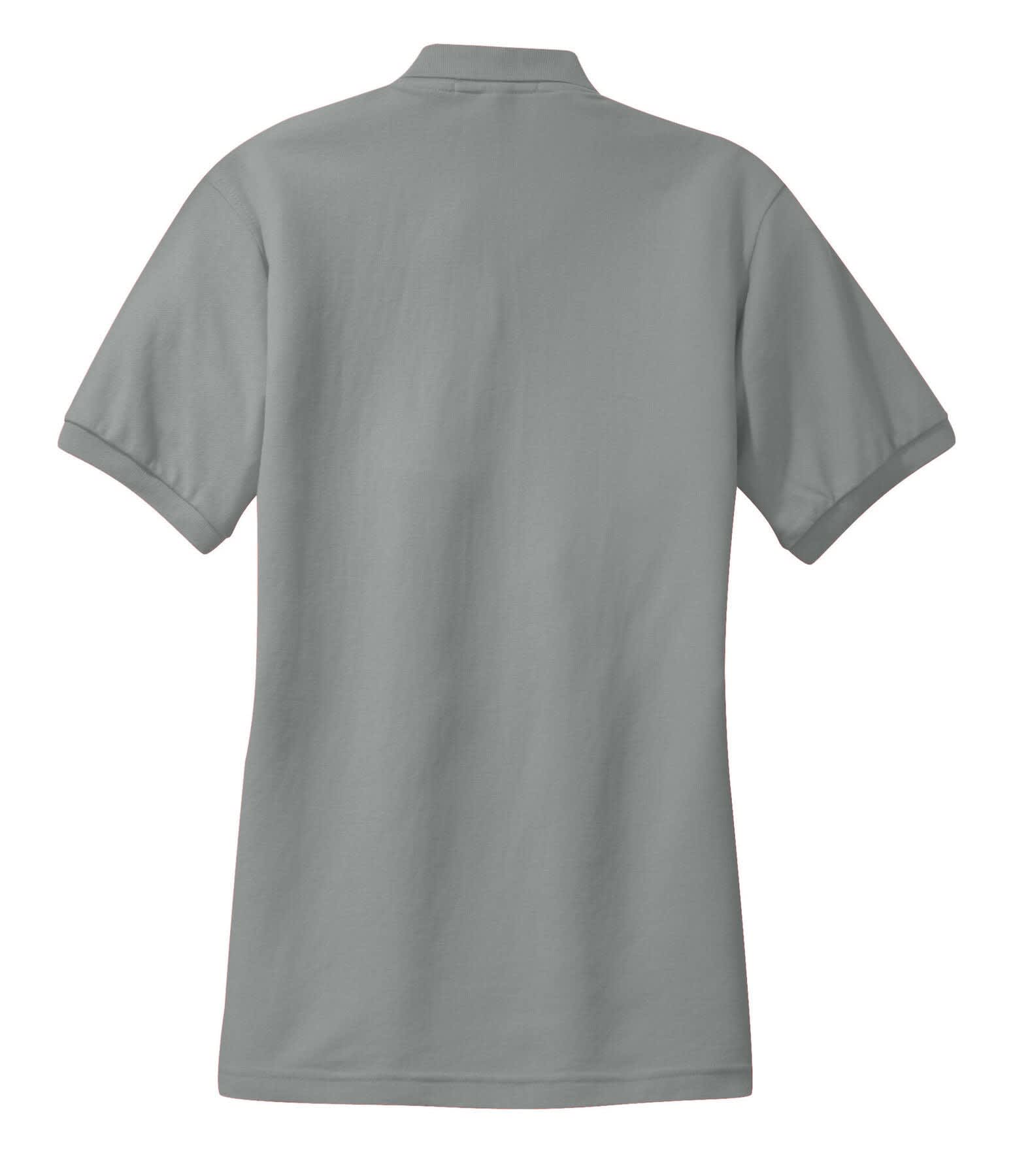A grey ladies' polo shirt with short sleeves, featuring a collar and a logo.