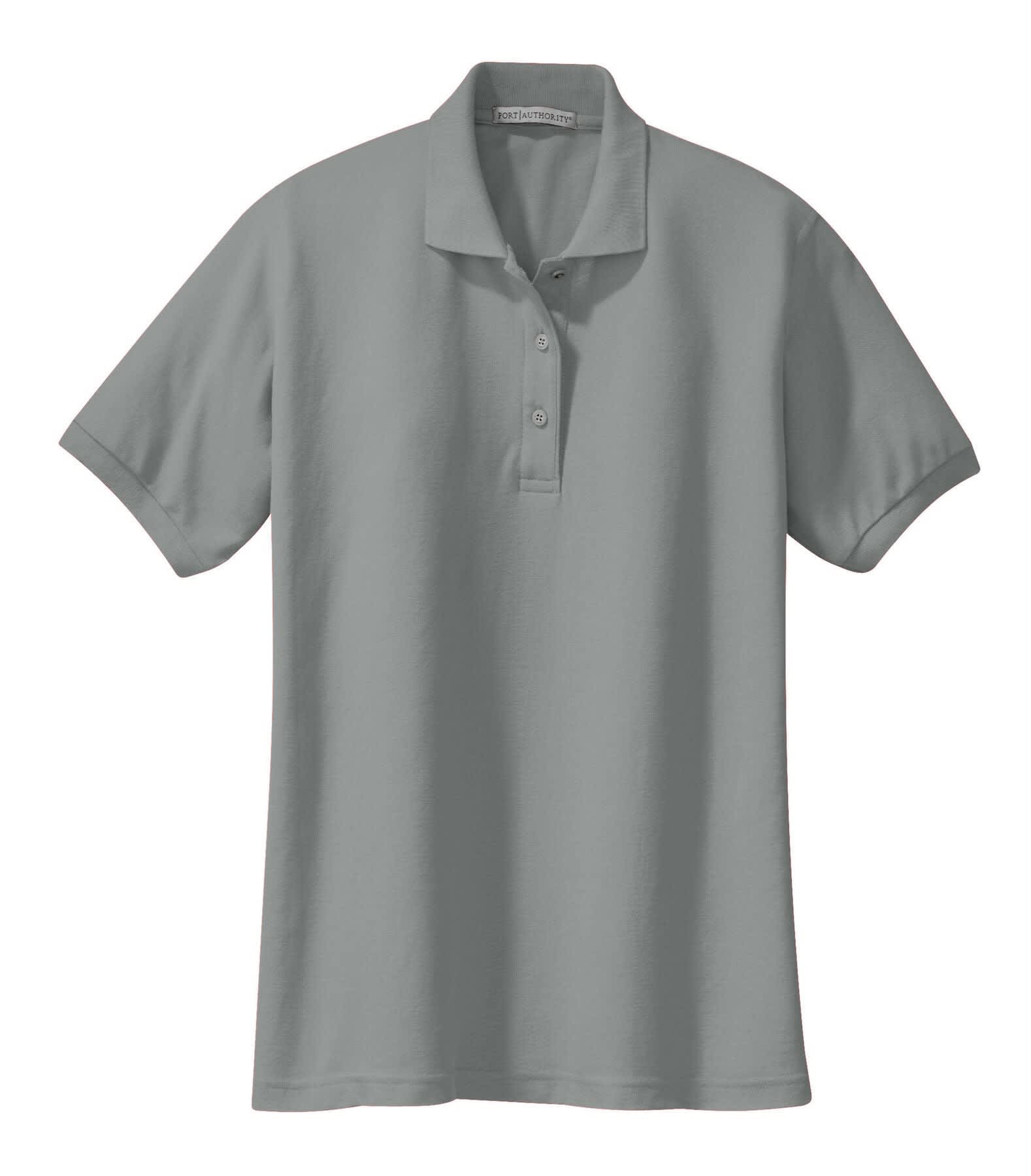 A light grey polo shirt with a classic collar and short sleeves, featuring three buttons and a logo.
