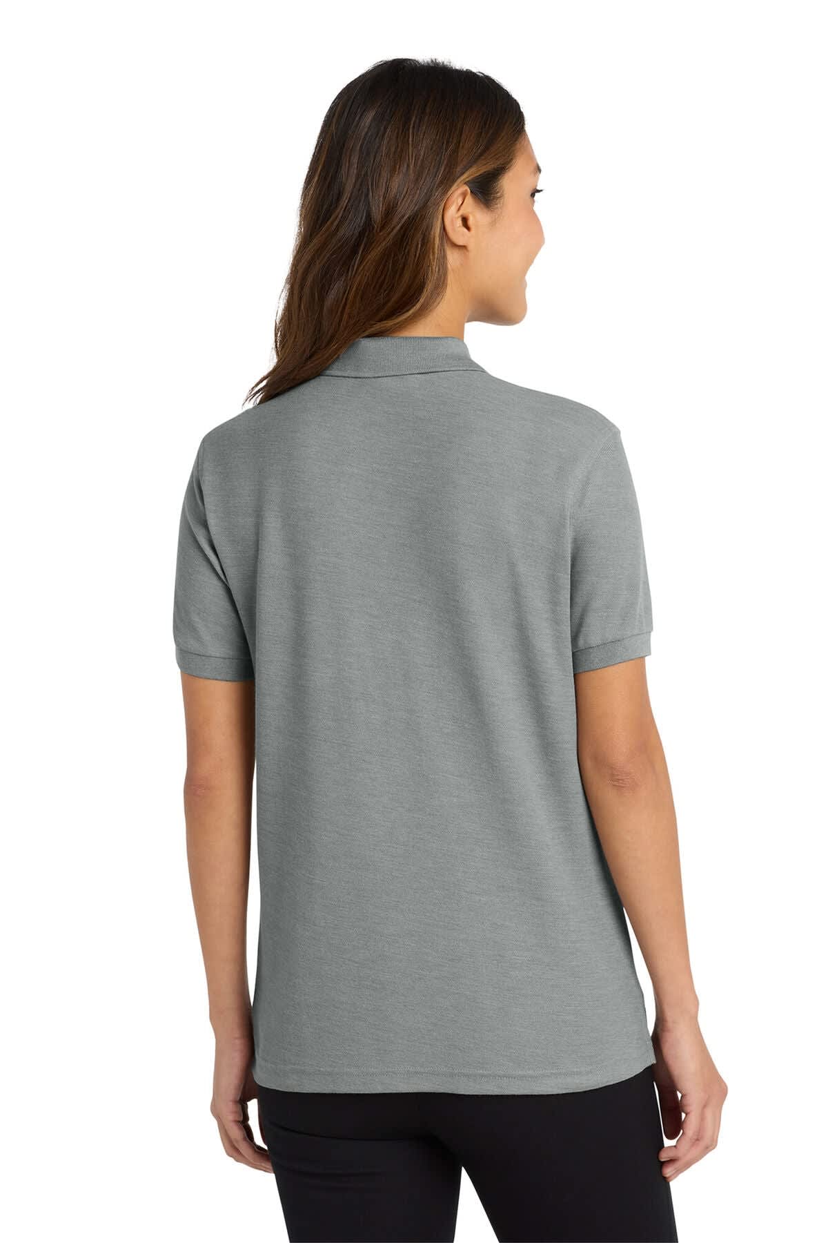 A grey ladies' silk touch polo shirt featuring a clean design and a logo on the back.
