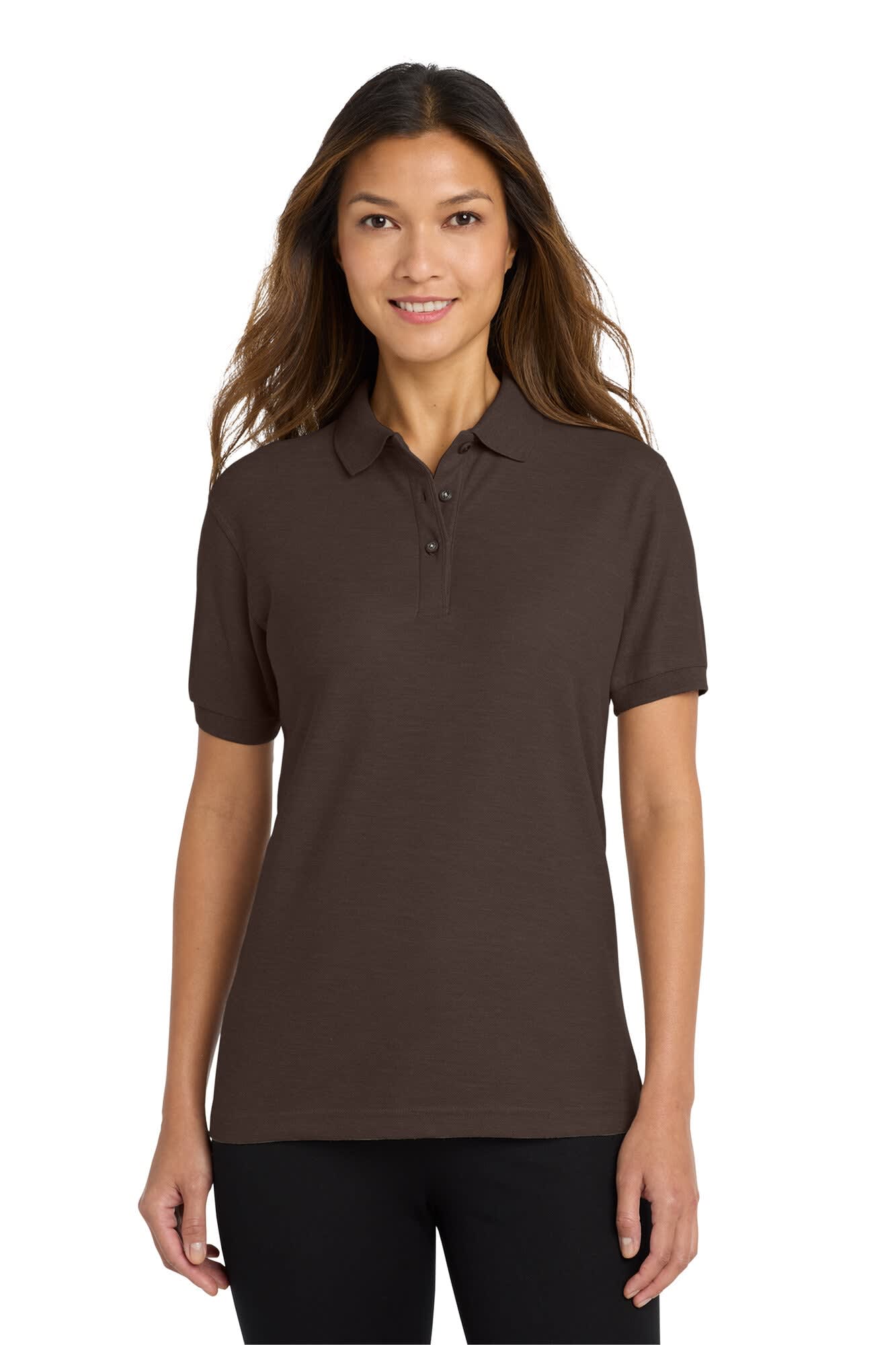 A brown ladies' polo shirt featuring a collar, short sleeves, and a logo on the chest.