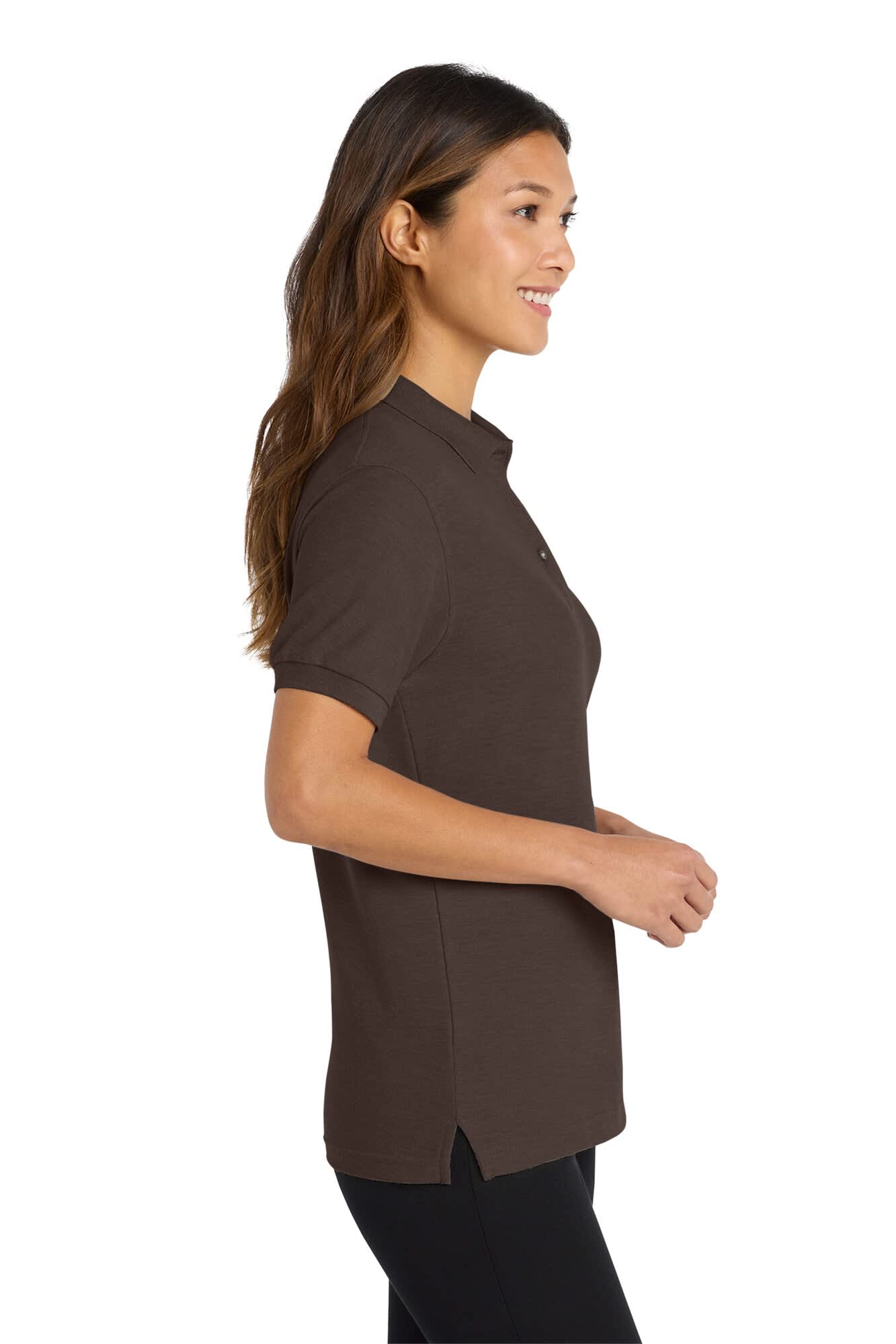 A brown Ladies Silk Touch Polo shirt with a logo, featuring a collar and short sleeves.