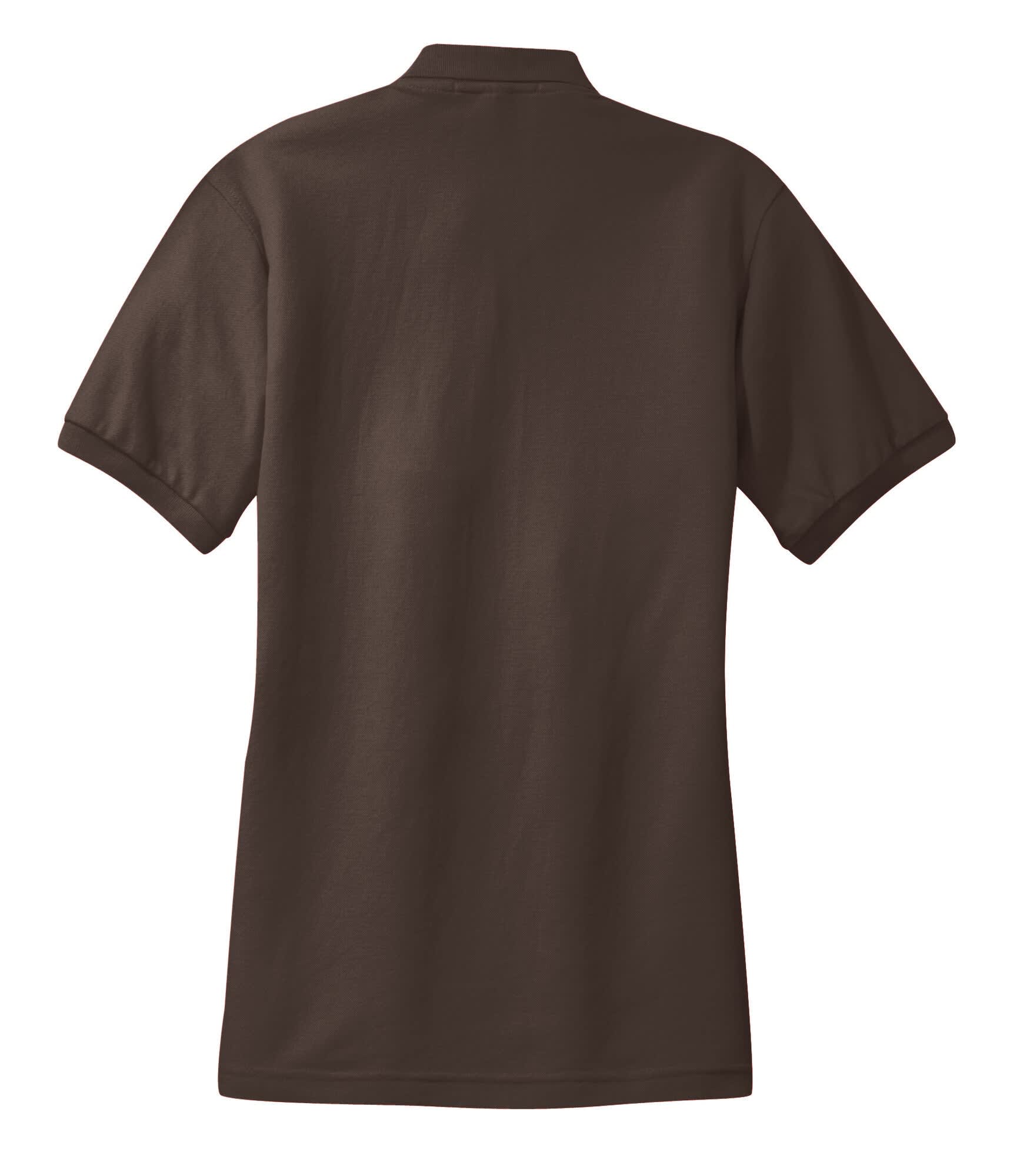 A brown ladies' polo shirt with short sleeves and a classic collar, featuring a logo.