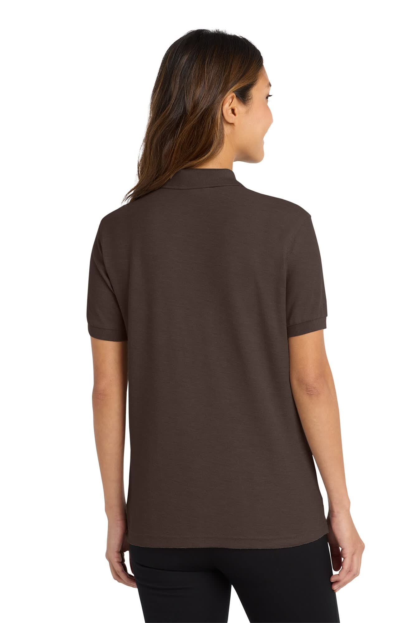 A brown ladies' polo shirt showing the back view, featuring a collar and short sleeves. Includes a logo.