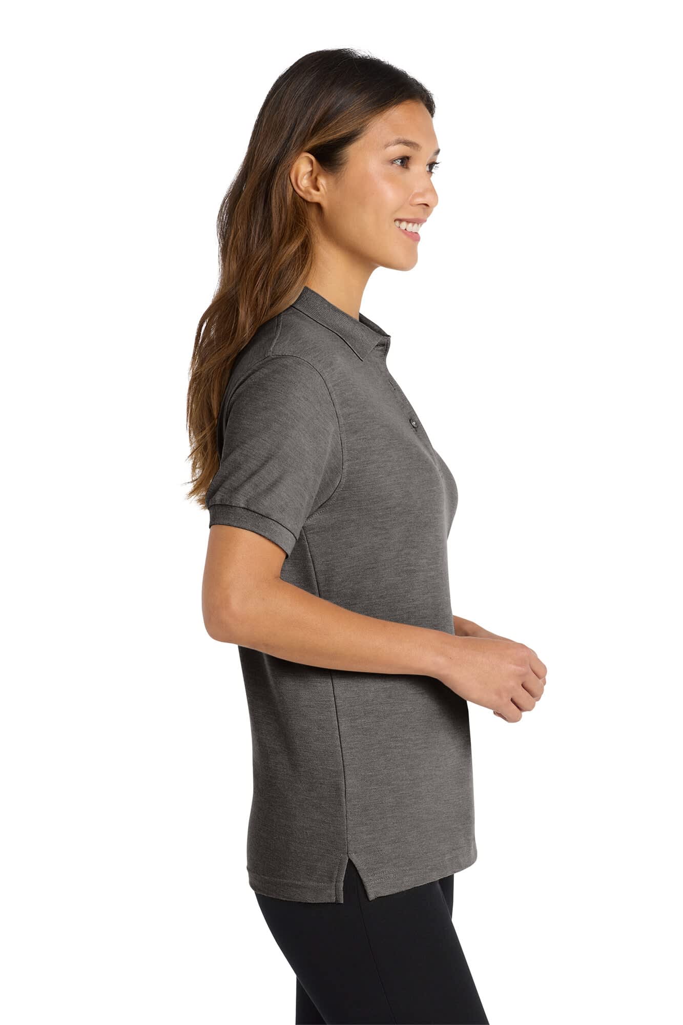 A grey ladies' polo shirt with a collar and short sleeves, featuring a logo on the chest.