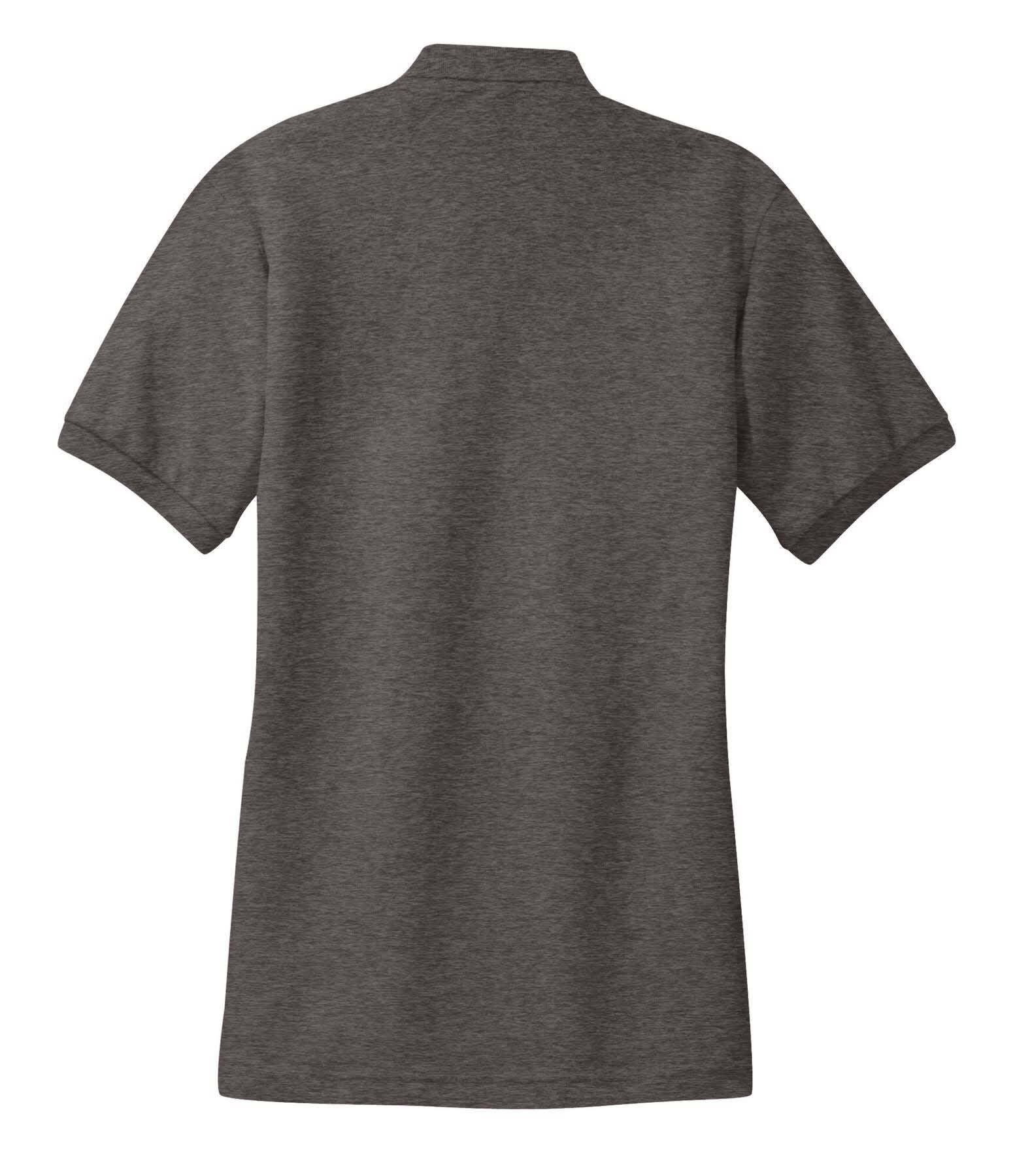 A dark grey ladies' polo shirt with a classic collar and short sleeves, featuring a logo.