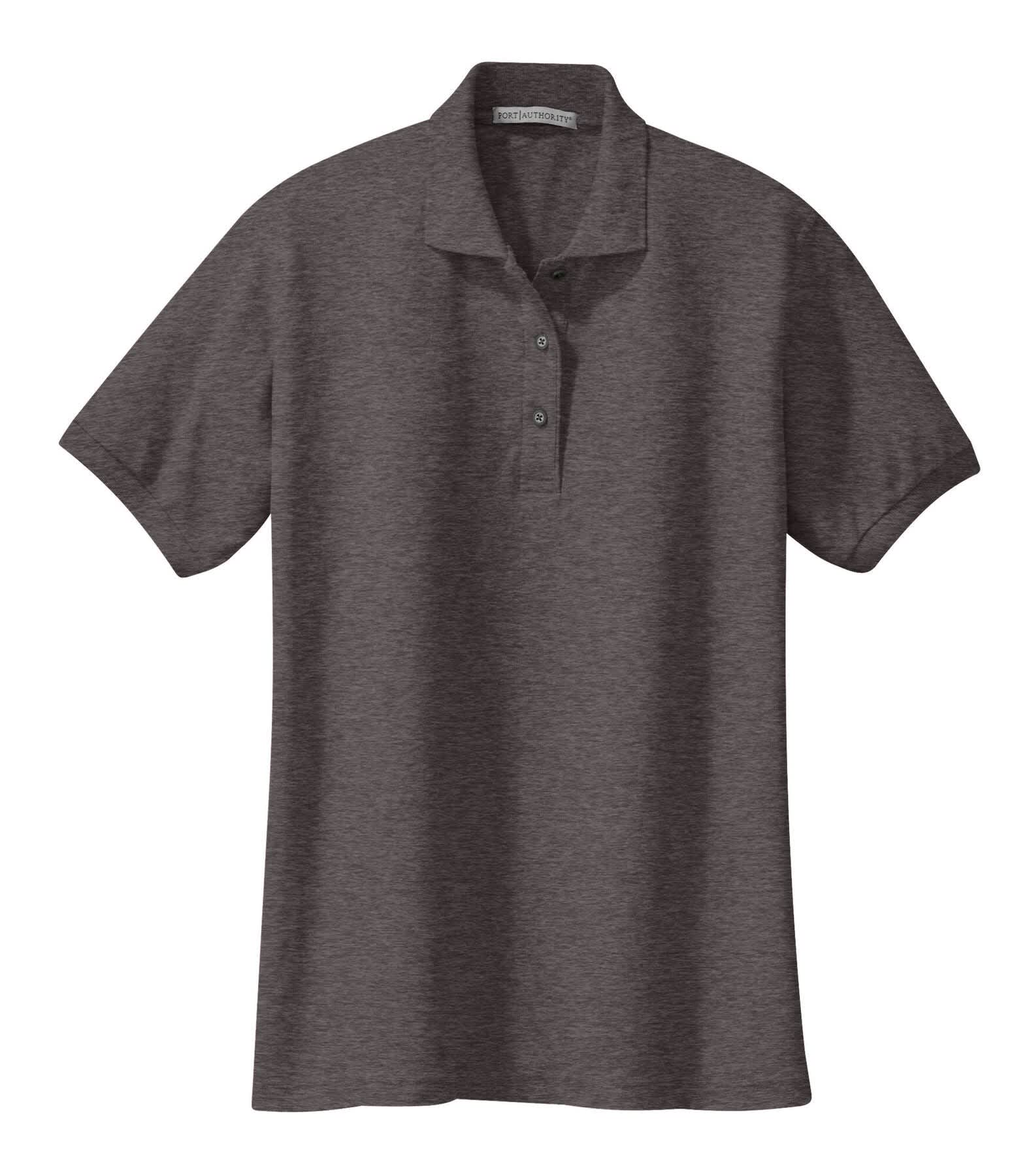 A grey ladies' polo shirt with a collar and short sleeves, featuring buttons and a branded logo.