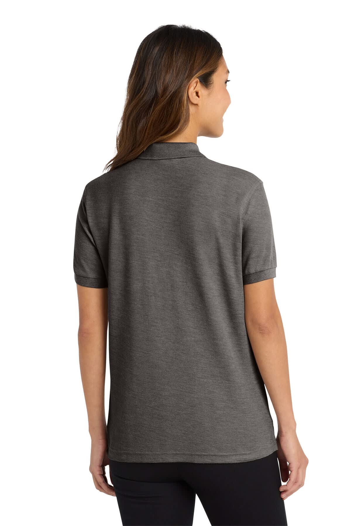 A grey ladies' polo shirt with a collar and short sleeves, featuring a logo on the back.