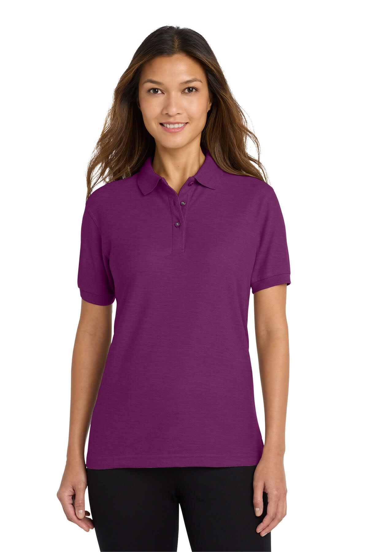 A purple ladies' polo shirt with a collar and short sleeves, featuring a logo on the chest.