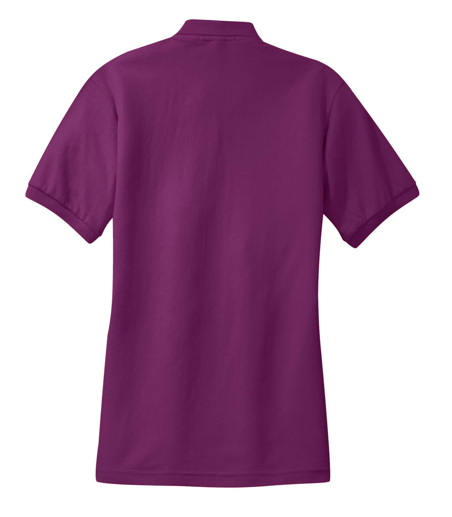 A purple ladies' polo shirt with short sleeves, featuring a collar and a logo on the back.