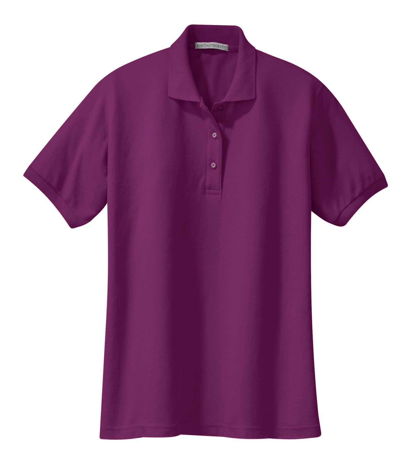 A ladies' polo shirt in a vibrant purple colour, featuring a collar and a logo.