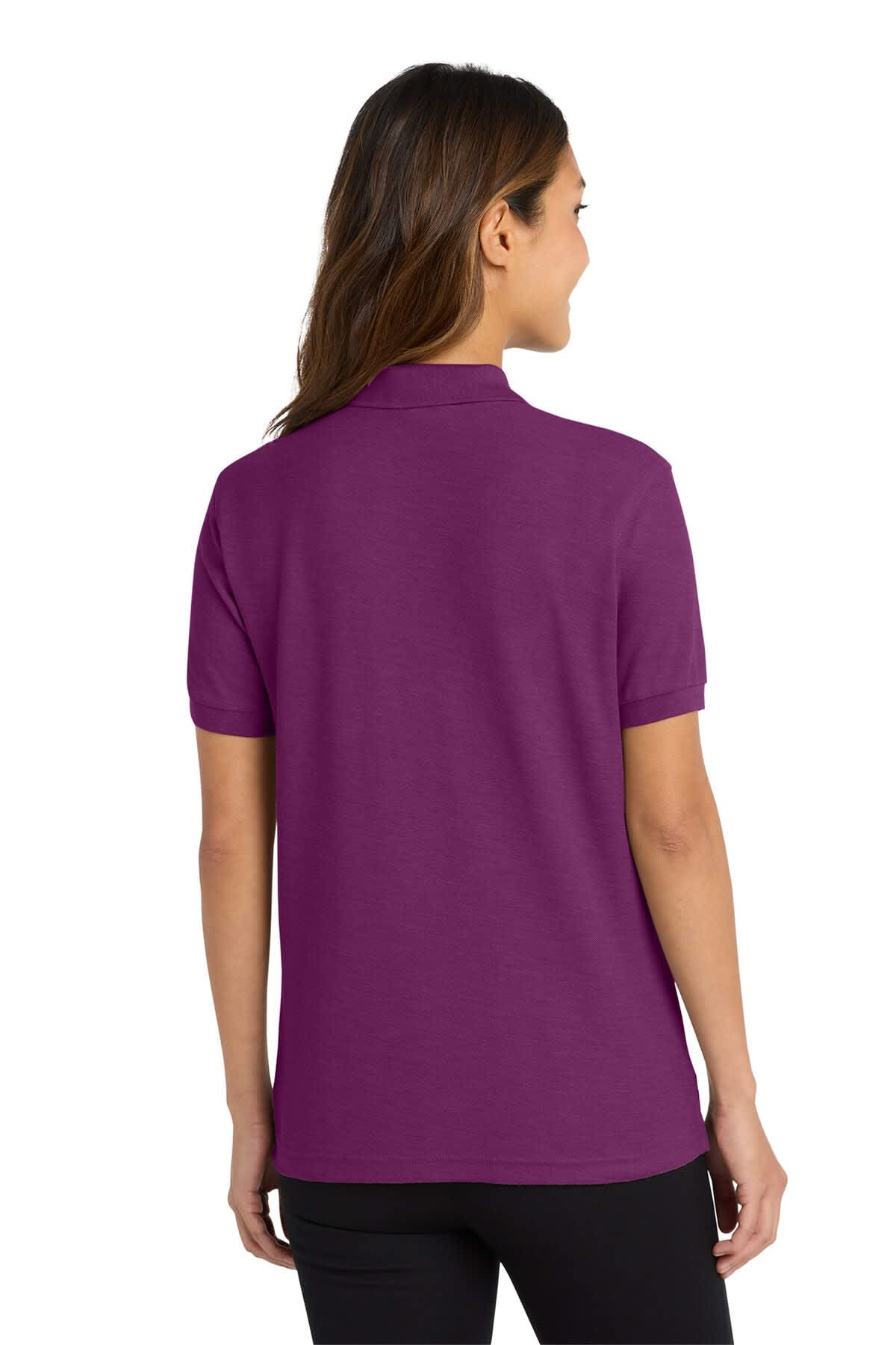 A purple polo shirt with a classic collar, featuring a logo on the front and a stylish back design.