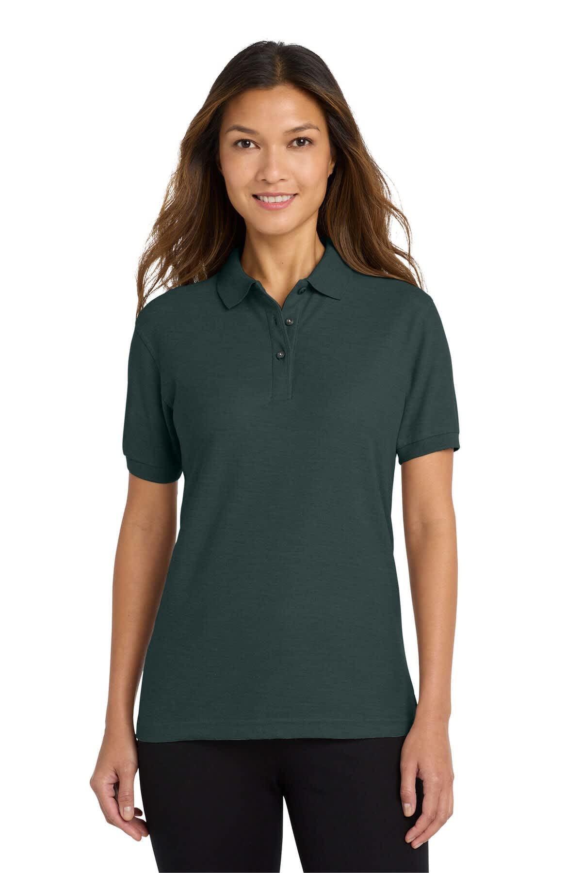 A dark green ladies’ polo shirt features a classic collar and short sleeves, with a logo on the chest.