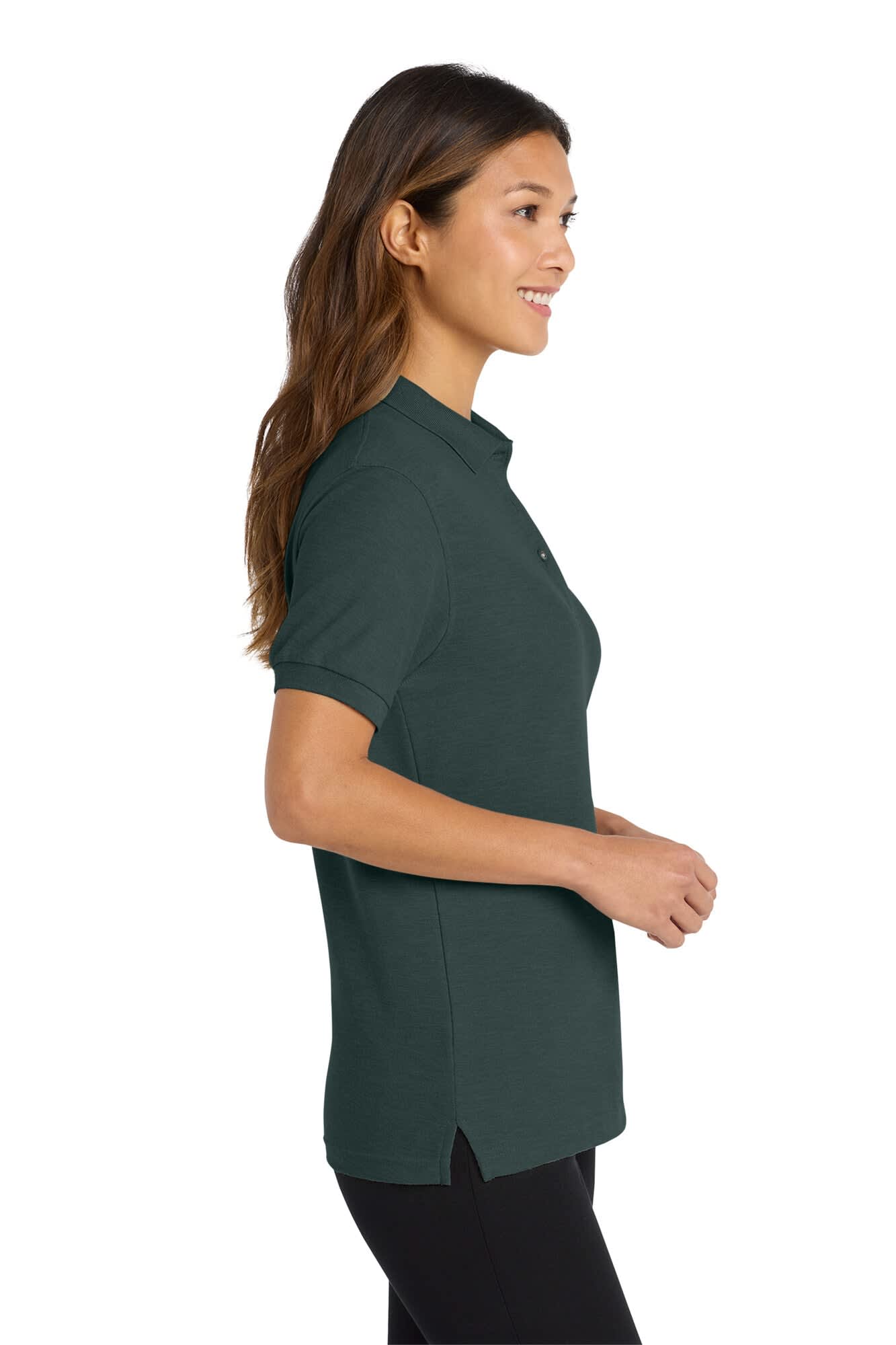 A dark green ladies' polo shirt with a collar and short sleeves, featuring a logo on the chest.