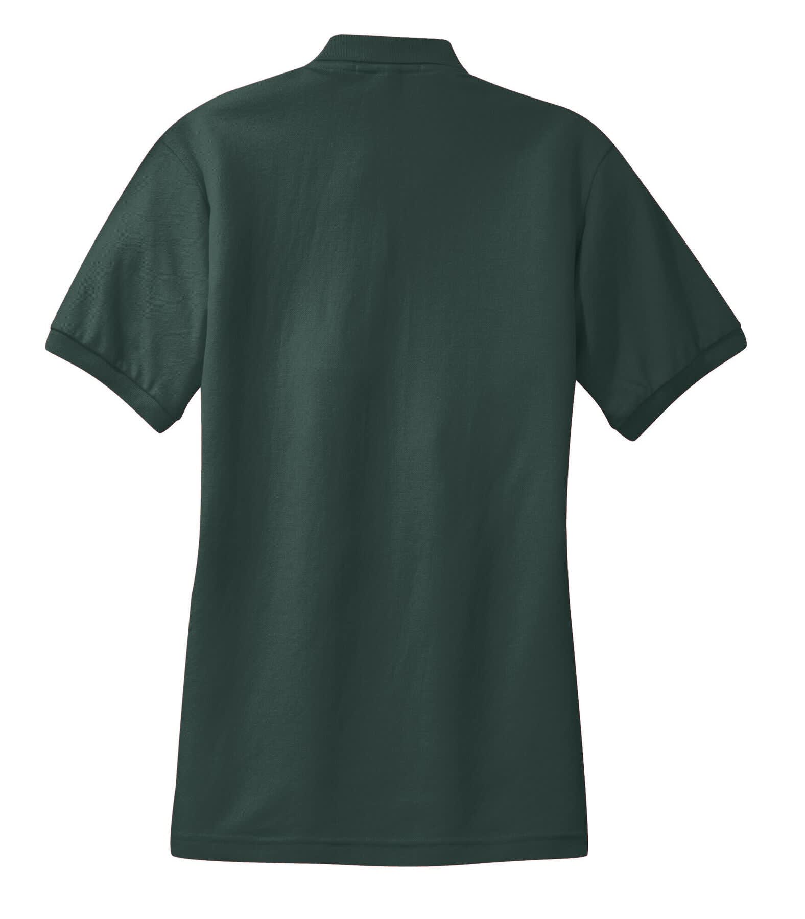 A dark green ladies' polo shirt with short sleeves and a collar, featuring a logo on the back.