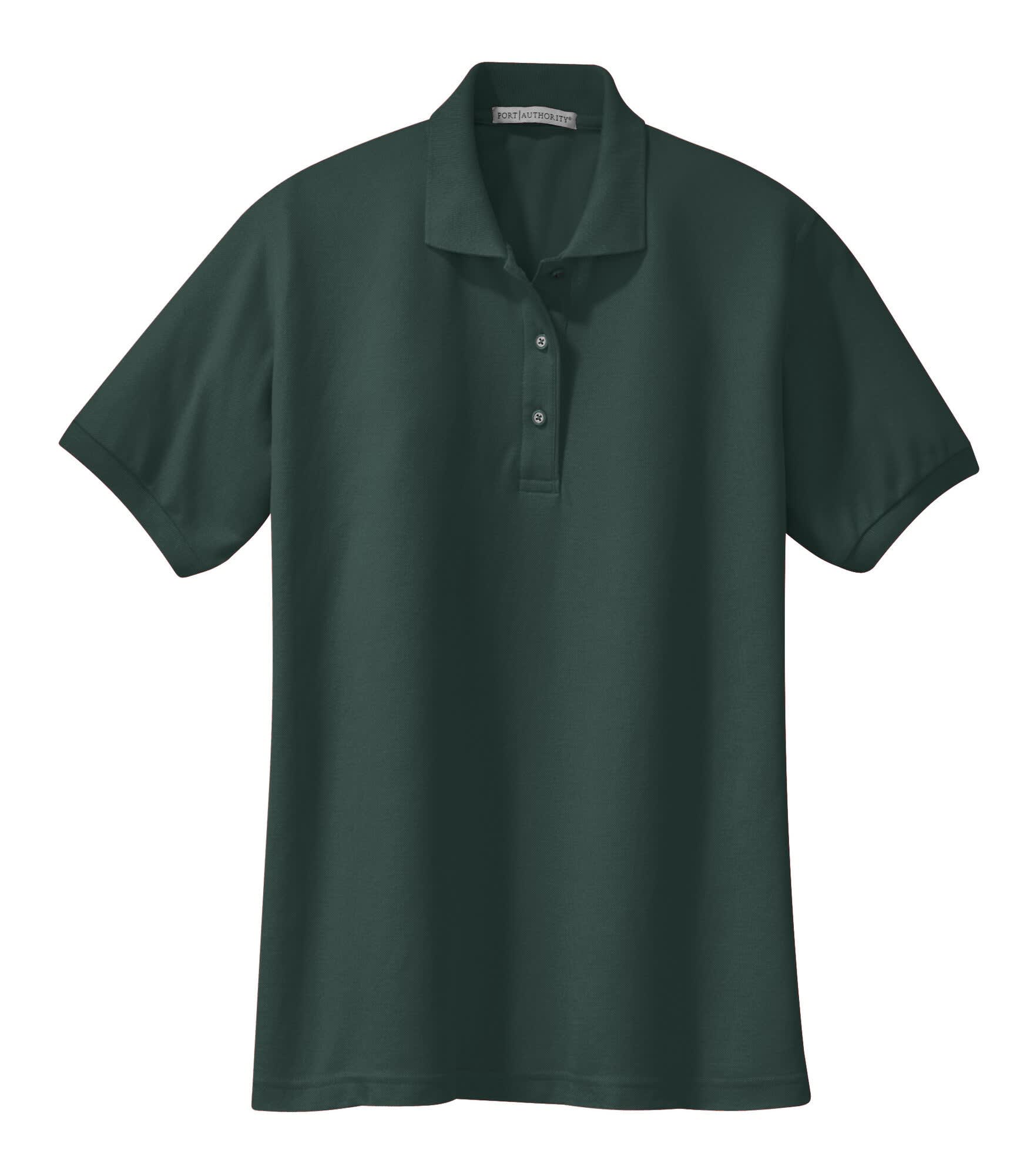 A dark green ladies' polo shirt featuring a collar and short sleeves, with a logo on the front.