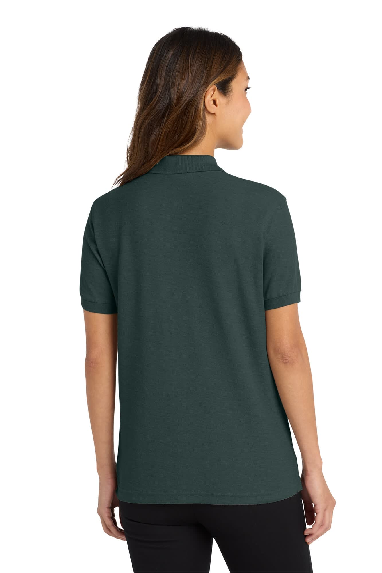 A dark green ladies' polo shirt with a back view, featuring a collar and short sleeves. It has a logo on the back.