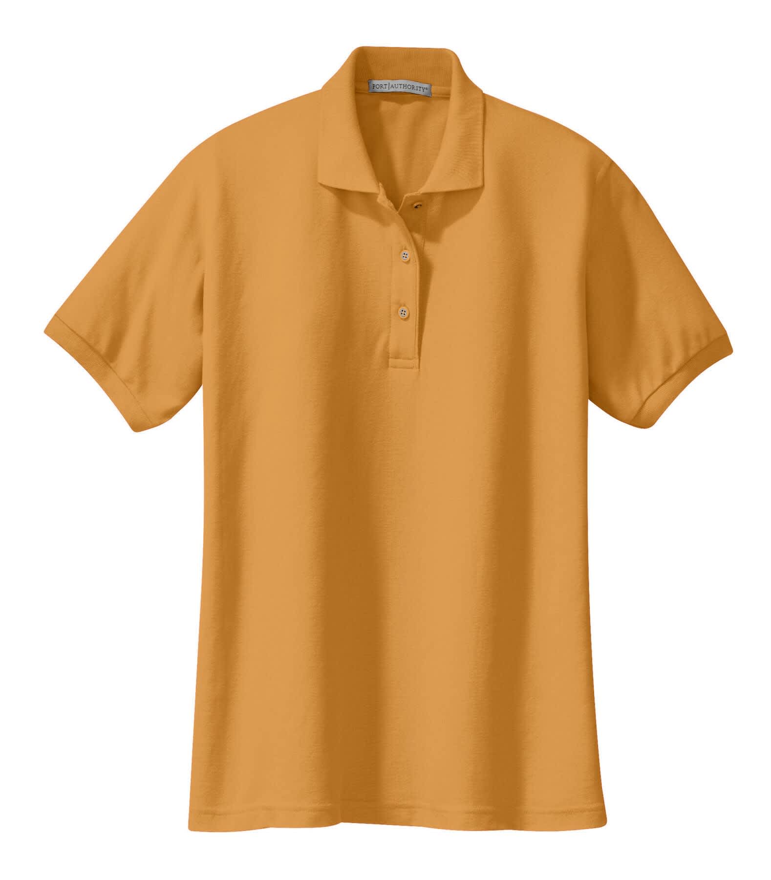 A golden-yellow ladies' polo shirt featuring a collar and three-button placket, with a branding logo.