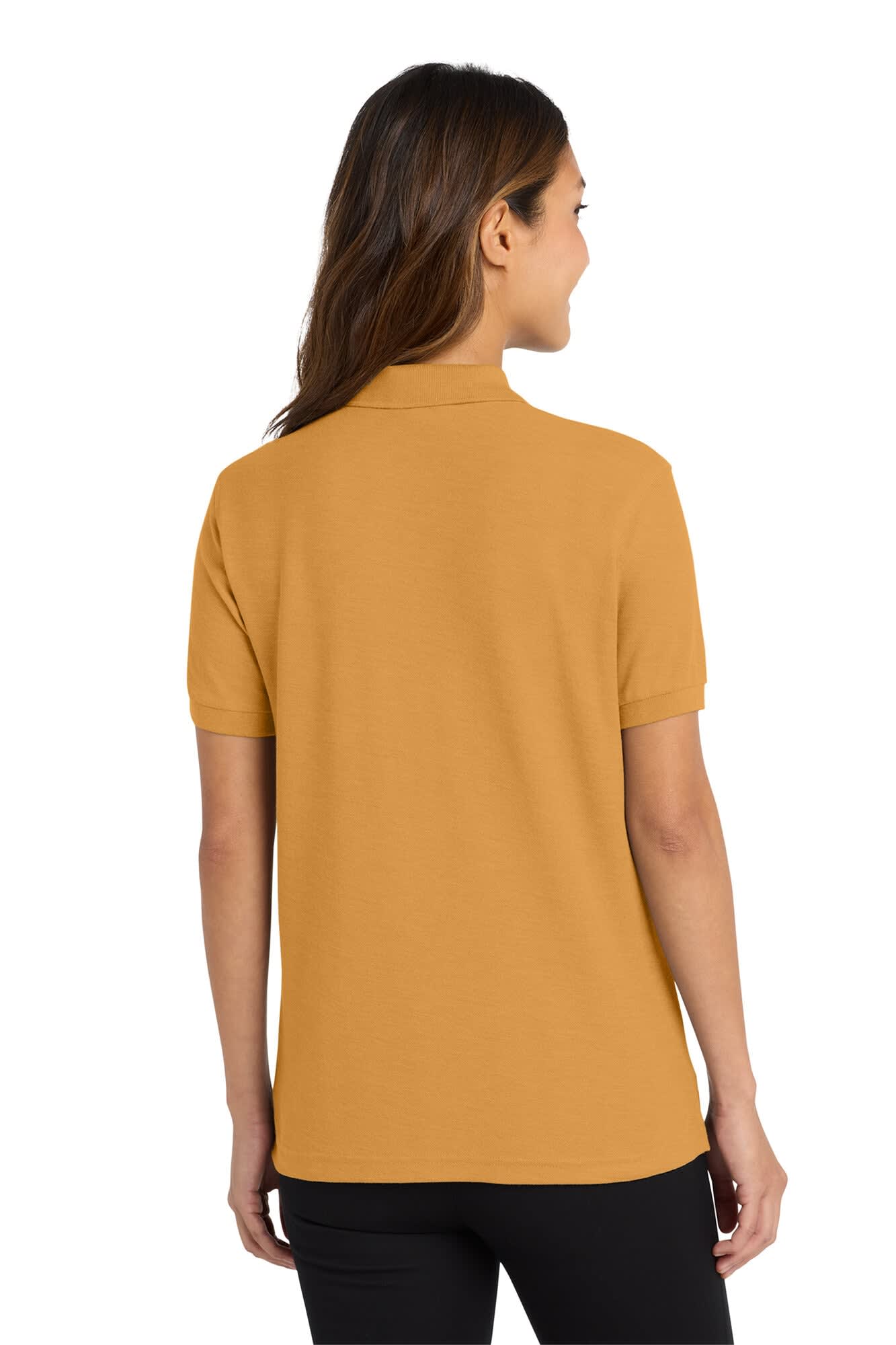 A back view of a lady wearing a mustard yellow polo shirt with short sleeves and a brand logo.