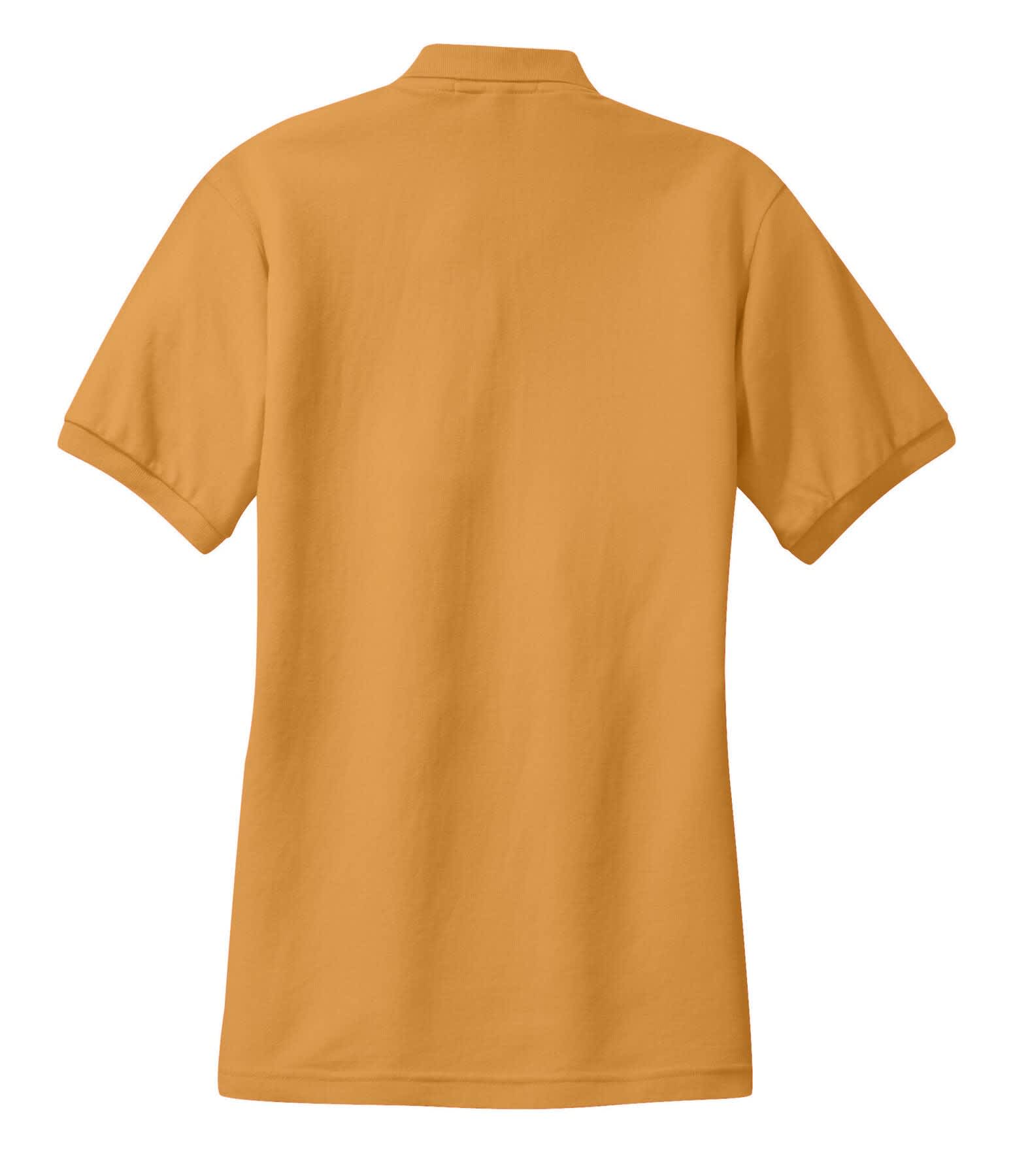 A plain, short-sleeved ladies polo shirt in a golden yellow shade, featuring a collar and a branding logo.