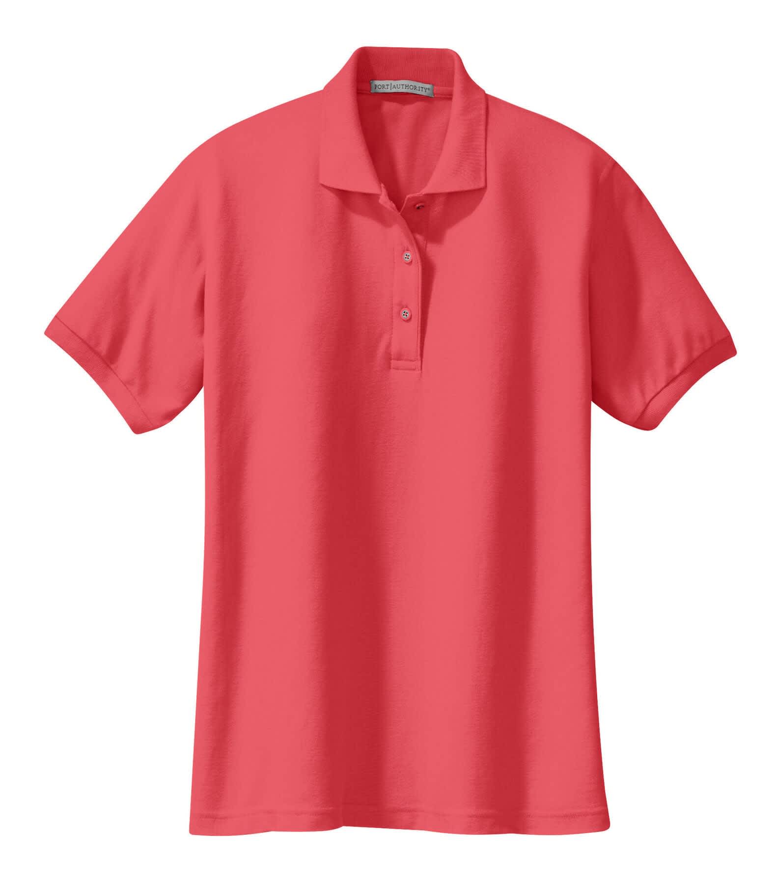 A coral pink ladies polo shirt with a collar and short sleeves, featuring a logo.