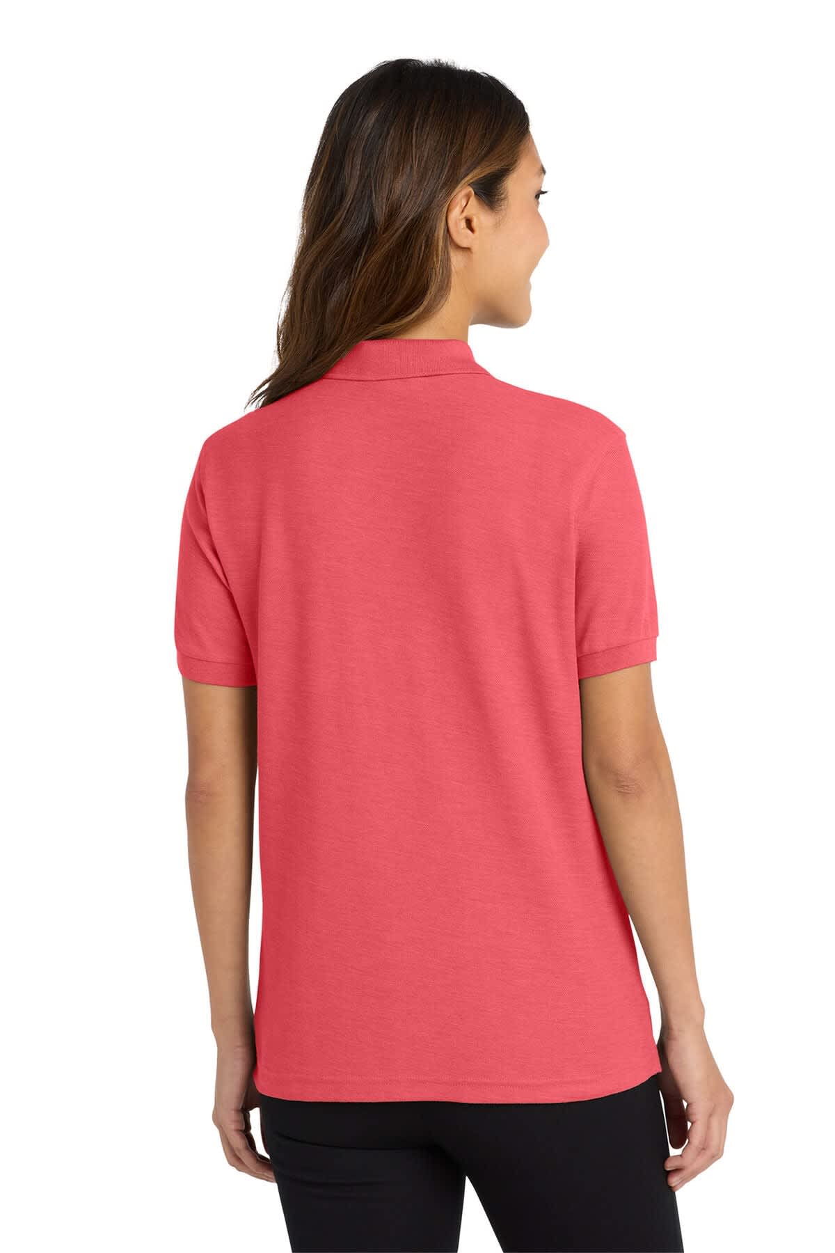 A pink ladies' polo shirt with short sleeves, featuring a subtle logo on the back.
