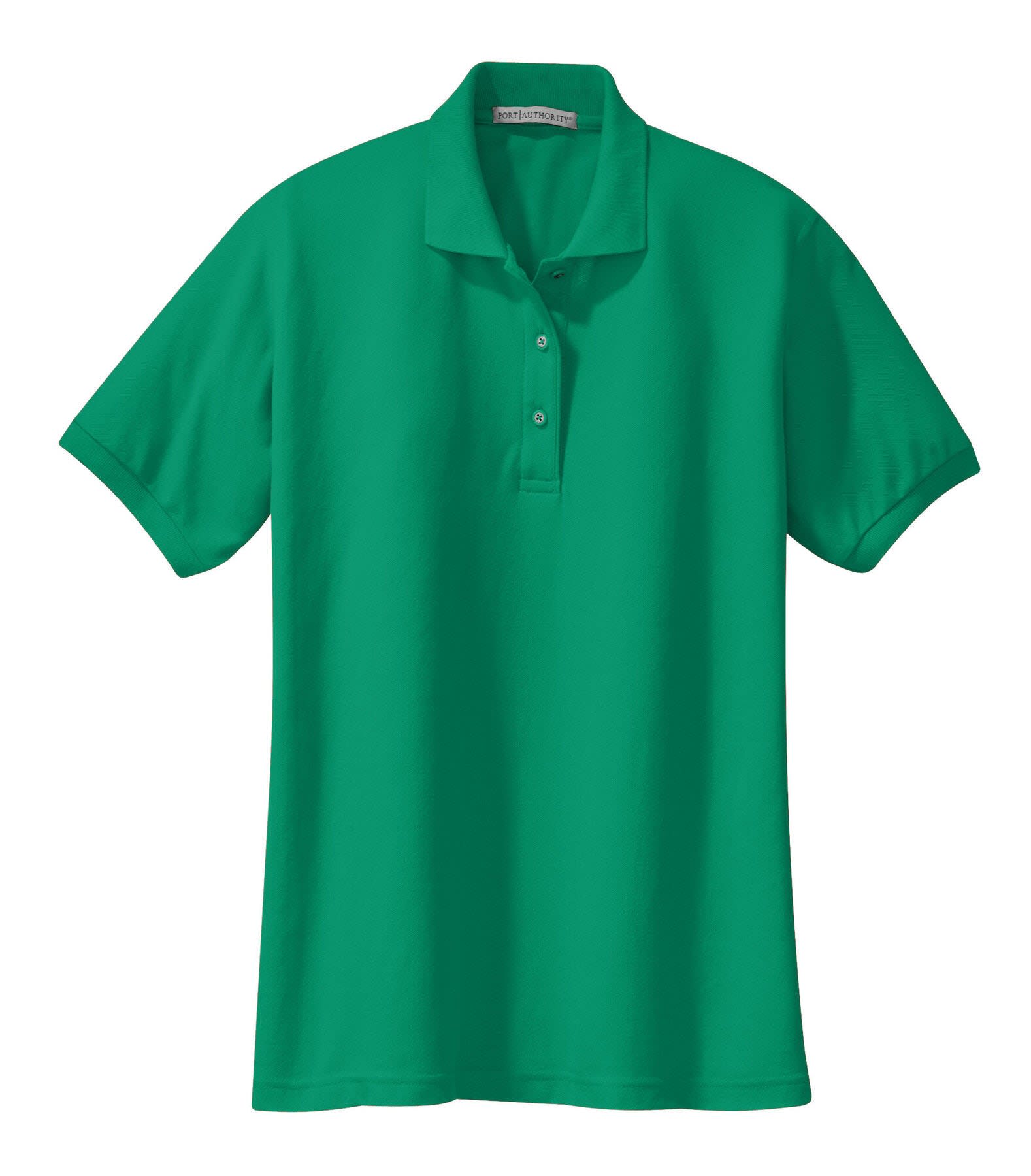 A green Port Authority ladies' silk touch polo shirt with a collar and three-button placket. It features a logo.