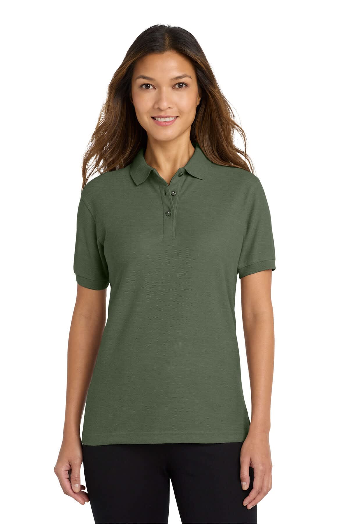 A green ladies' polo shirt with a collar and short sleeves, featuring a logo on the chest.