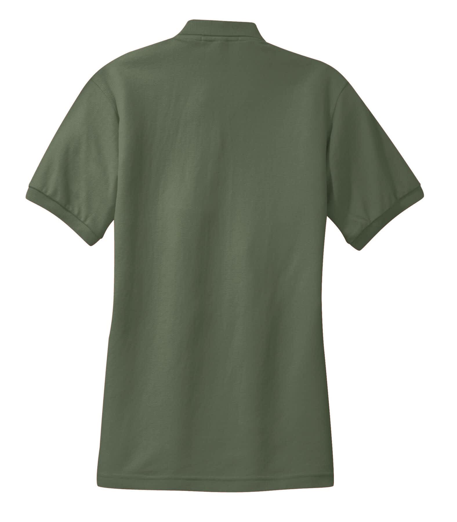 A green women's polo shirt with short sleeves and a collar, featuring a logo on the back.