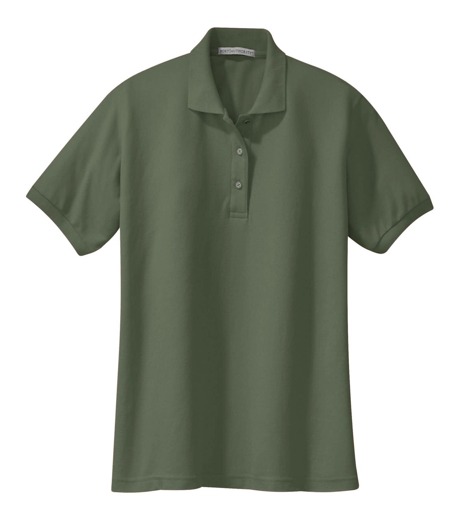 A green ladies' polo shirt with a collar and button placket, featuring a logo on the chest.