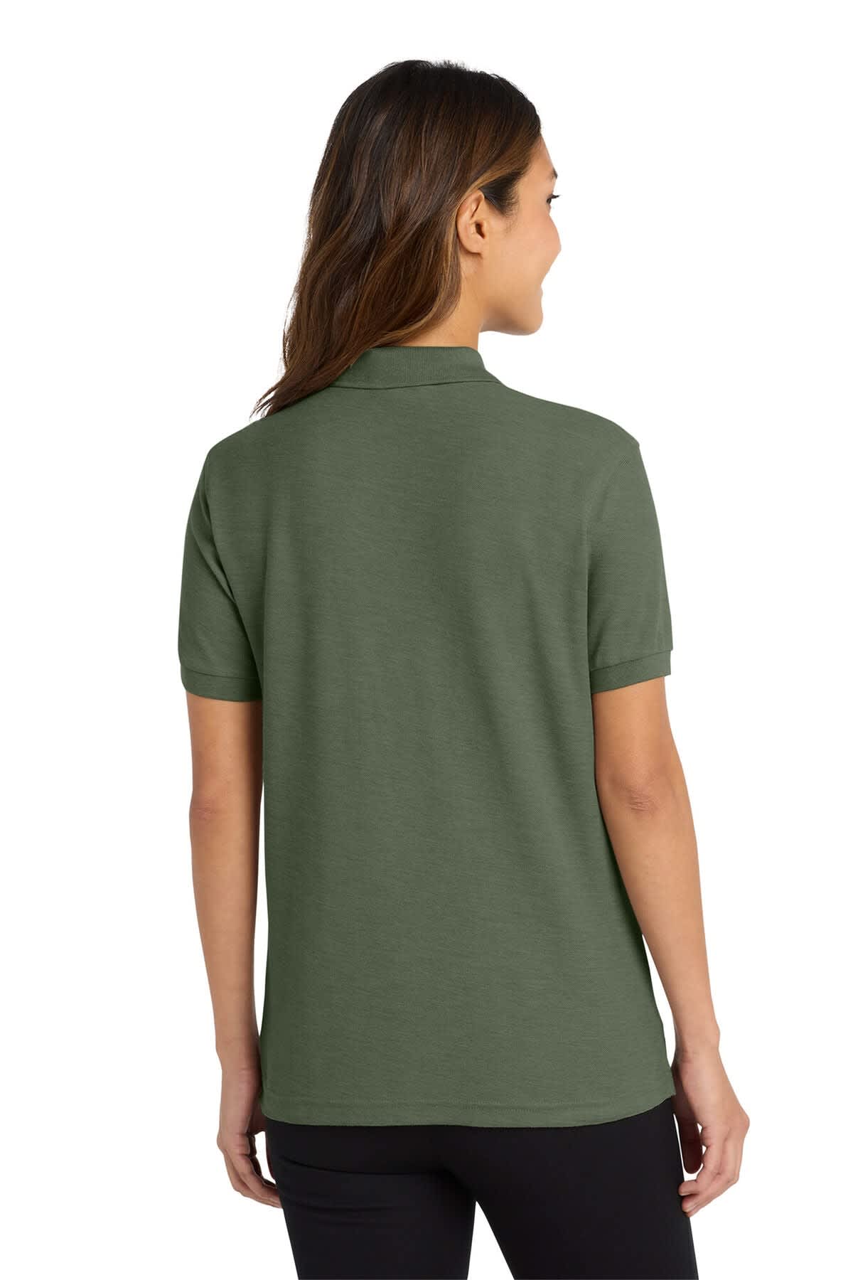 A green ladies' polo shirt with a tailored fit, featuring short sleeves and a back view. It has a small logo.