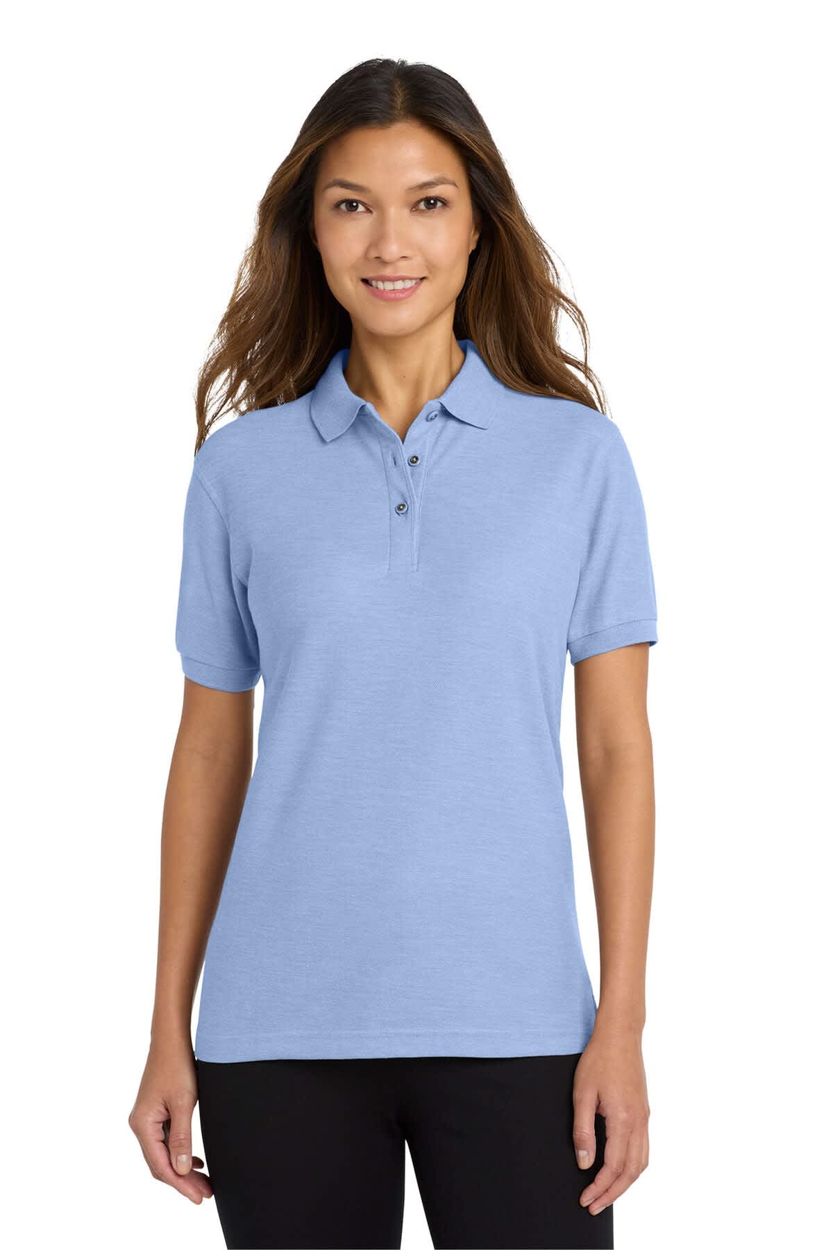A light blue ladies' polo shirt with a collar, short sleeves, and a logo on the chest.