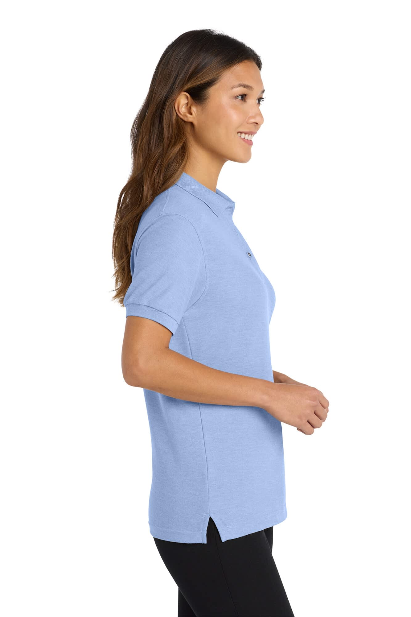 A light blue ladies polo shirt with a collar and side slits, featuring a logo on the left chest.