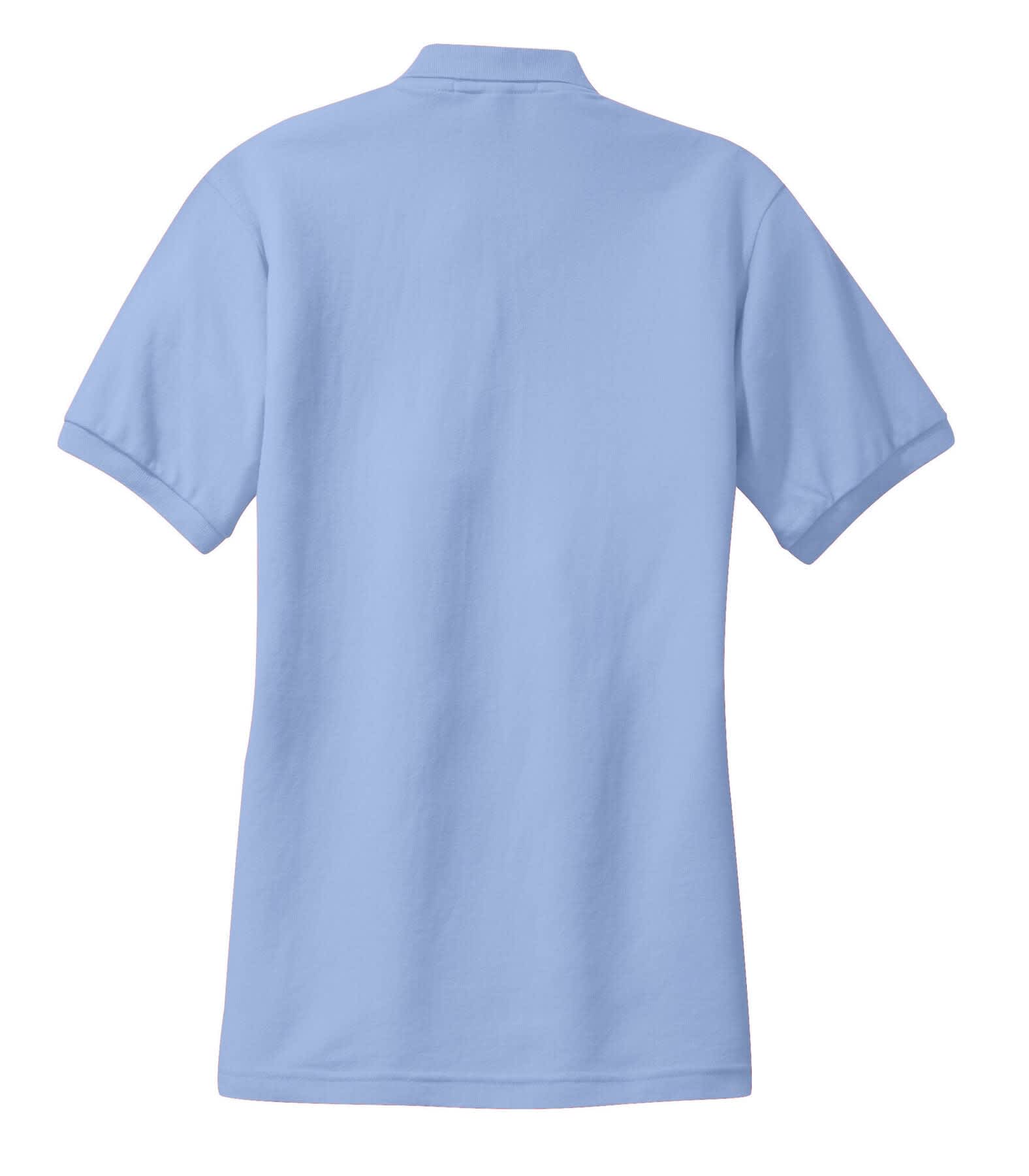 A light blue ladies' polo shirt with a collar and short sleeves, featuring a logo.