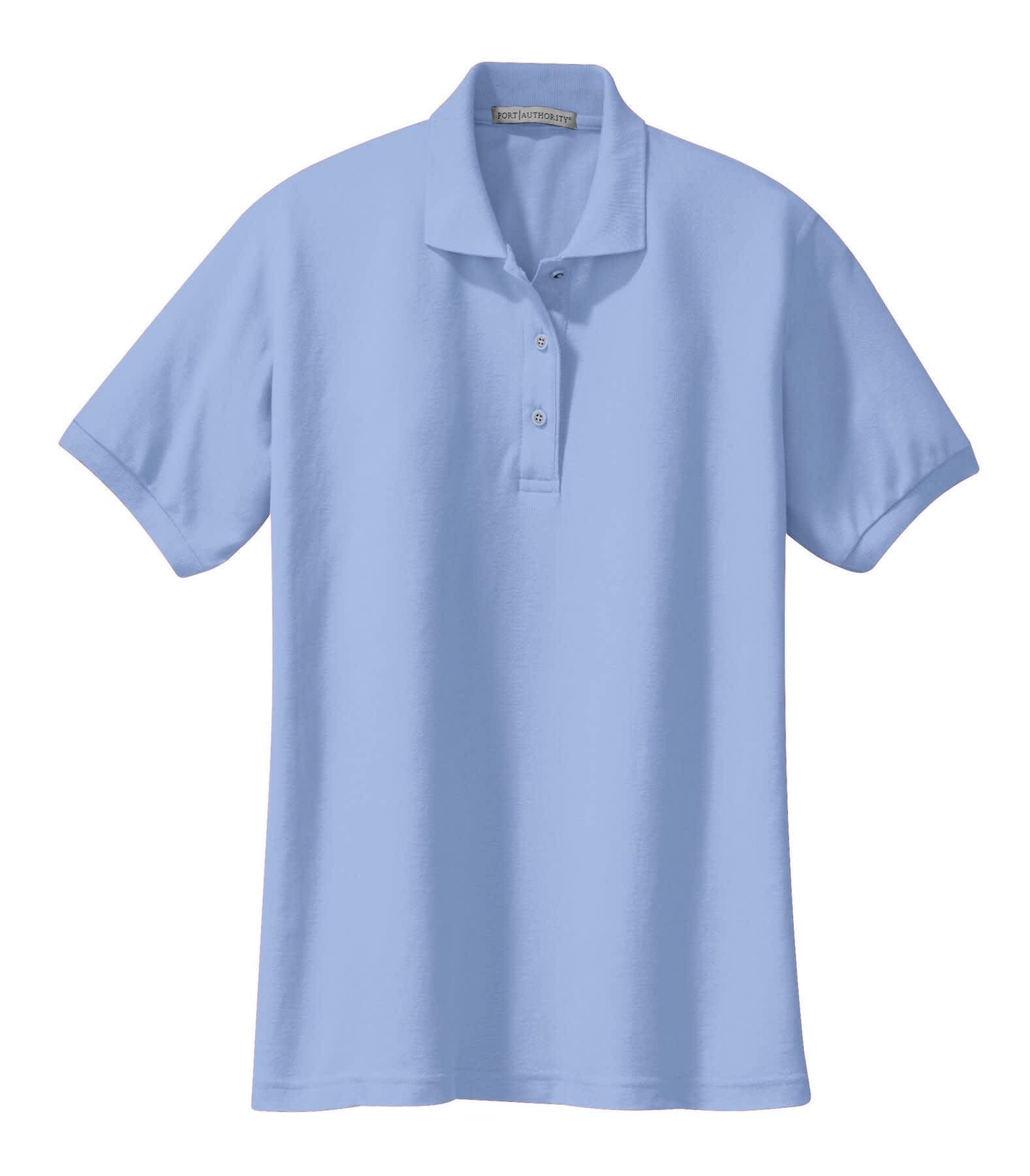 A light blue polo shirt with a collar and three buttons, featuring a brand logo.