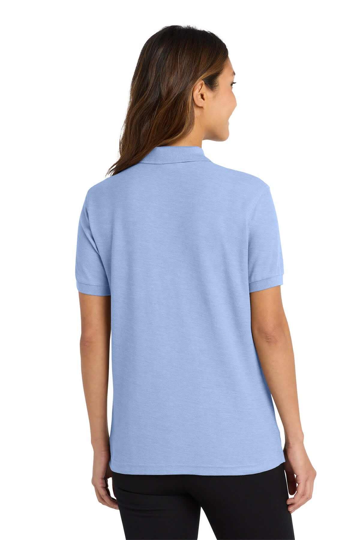 A light blue women's polo shirt with a collared neck and short sleeves, featuring a logo on the back.