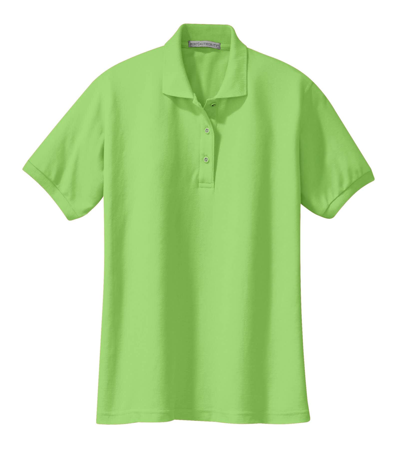 A vibrant lime green polo shirt made from silk touch fabric, featuring a collar and three-button placket.