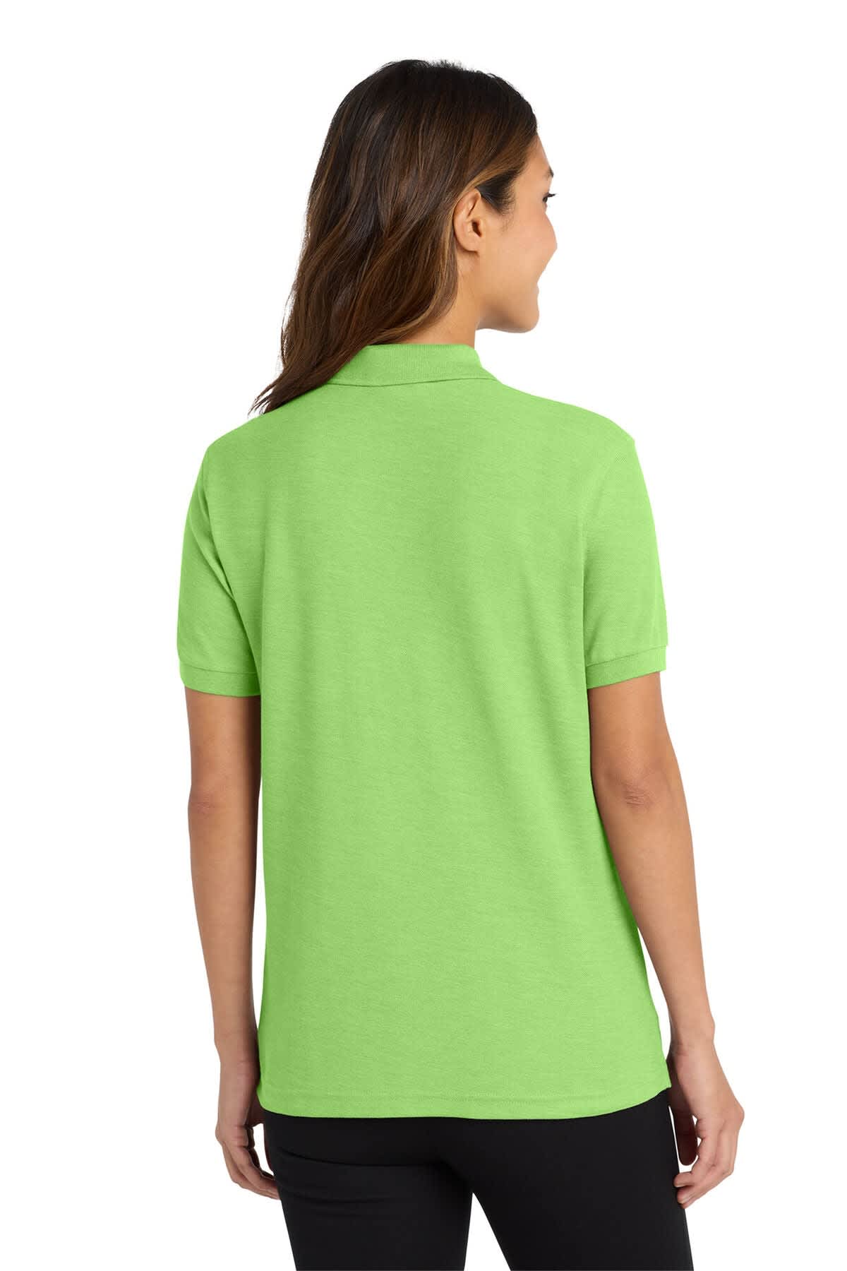 A back view of a ladies' polo shirt in bright green, featuring a collar and short sleeves. The shirt has a logo.