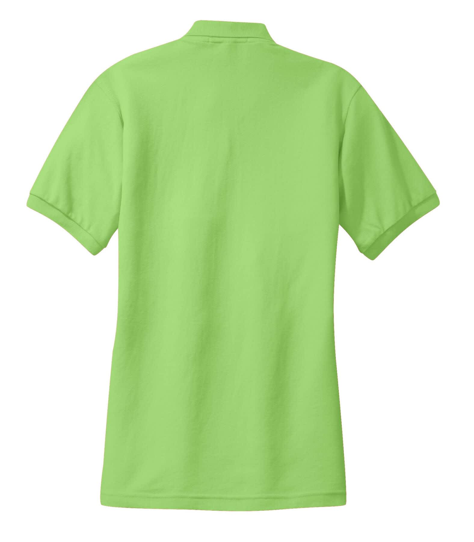 A lime green polo shirt with short sleeves and a collar, featuring a logo on the back.