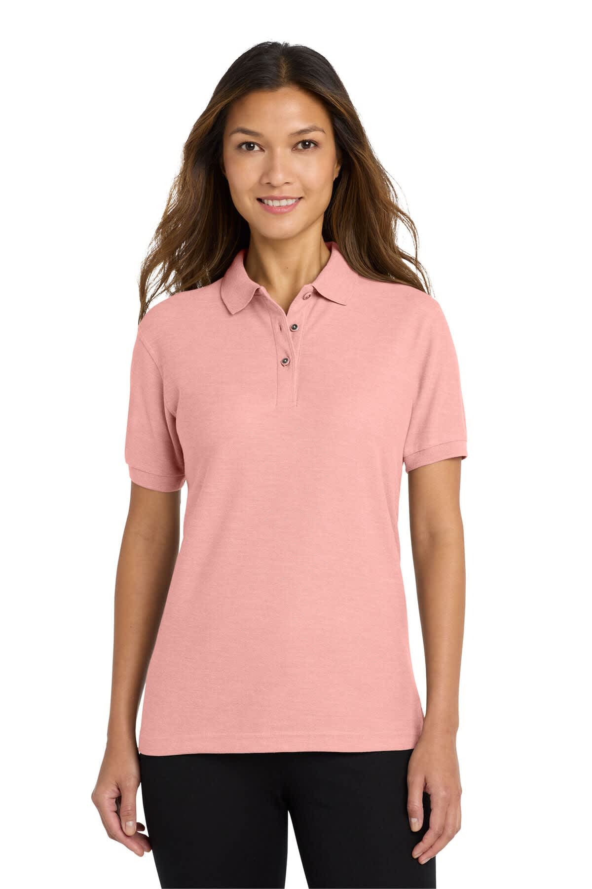 A pink ladies' polo shirt featuring a collared neck and short sleeves, with a logo on the chest.