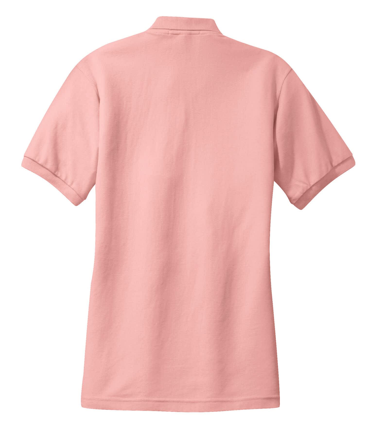 A pink Port Authority ladies silk touch polo shirt with a classic polo design and short sleeves. It has a logo on the front.