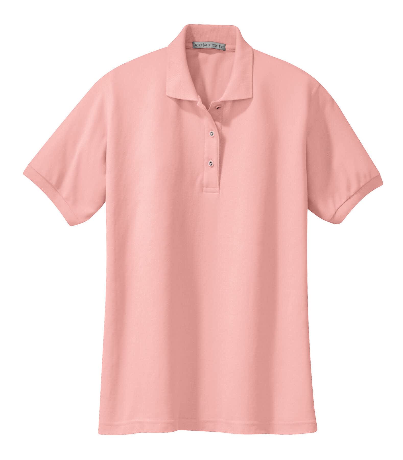 A pink ladies' polo shirt with a collar and buttons, featuring a logo on the chest.