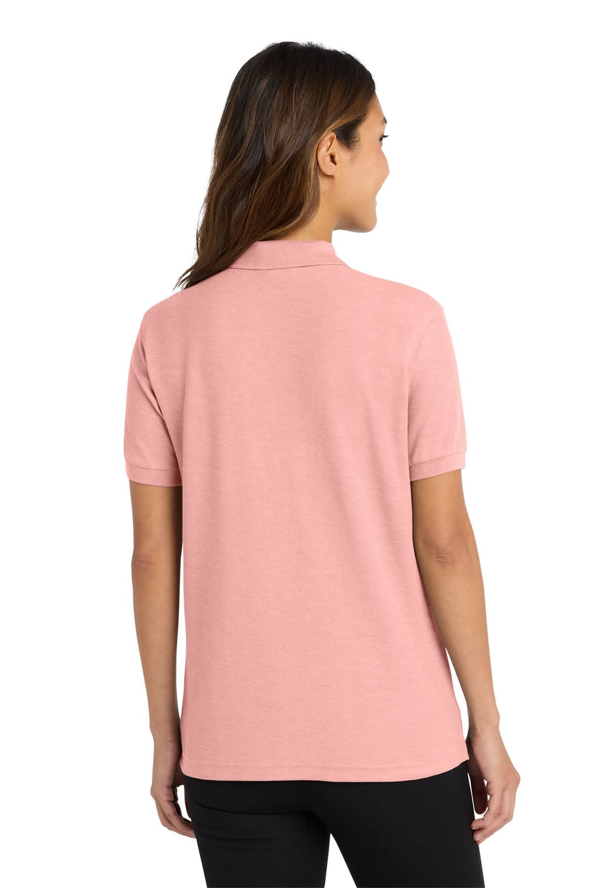 A ladies' silk touch polo shirt in light pink, featuring a back view and a subtle logo. 