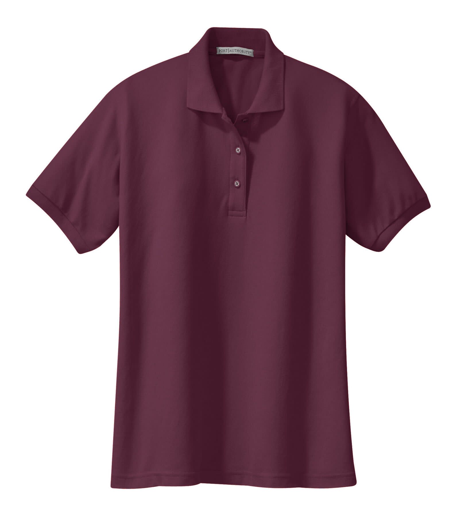 A maroon polo shirt with a collared neckline and three buttons, featuring a small logo on it.