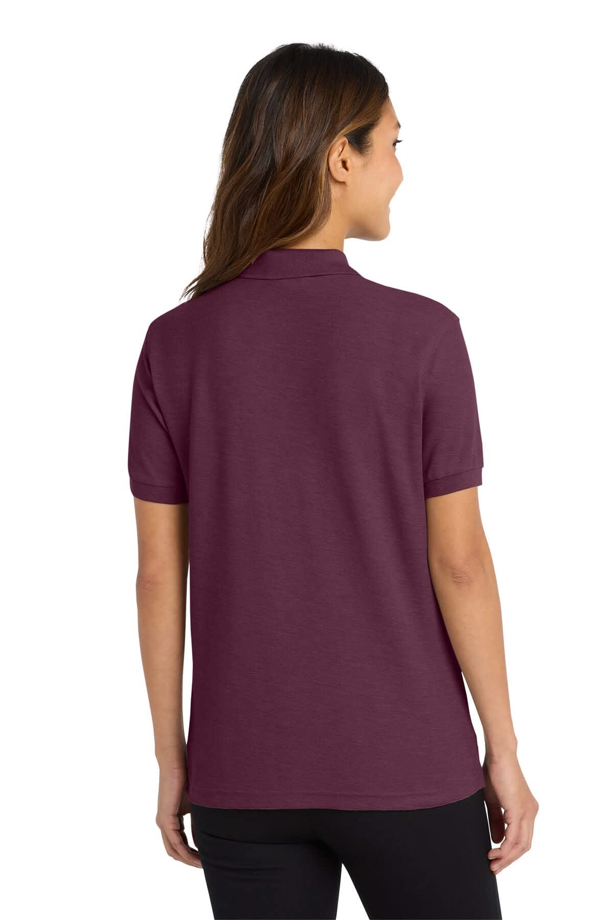 A maroon ladies' polo shirt with a back view, featuring a collar and short sleeves. It has a logo on the front.