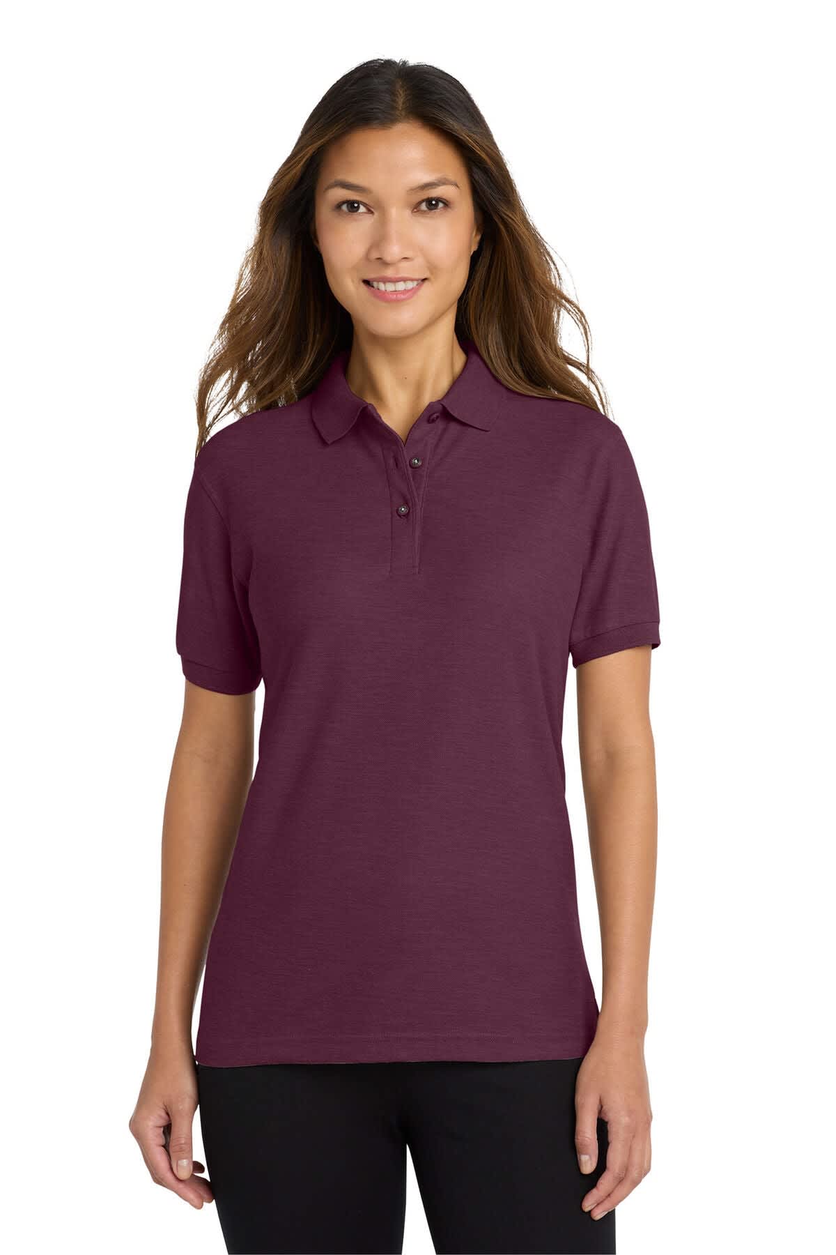 A purple ladies' polo shirt with a collar, short sleeves, and a simple logo on the front.