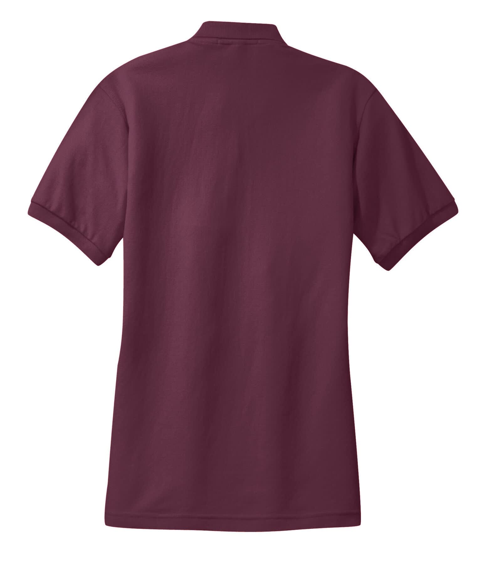 A maroon women's polo shirt featuring a classic collar and short sleeves, with a logo on the back.