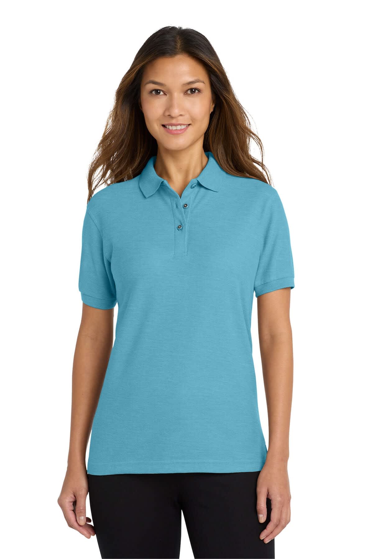 A blue polo shirt for women with short sleeves and a collar, featuring a logo.